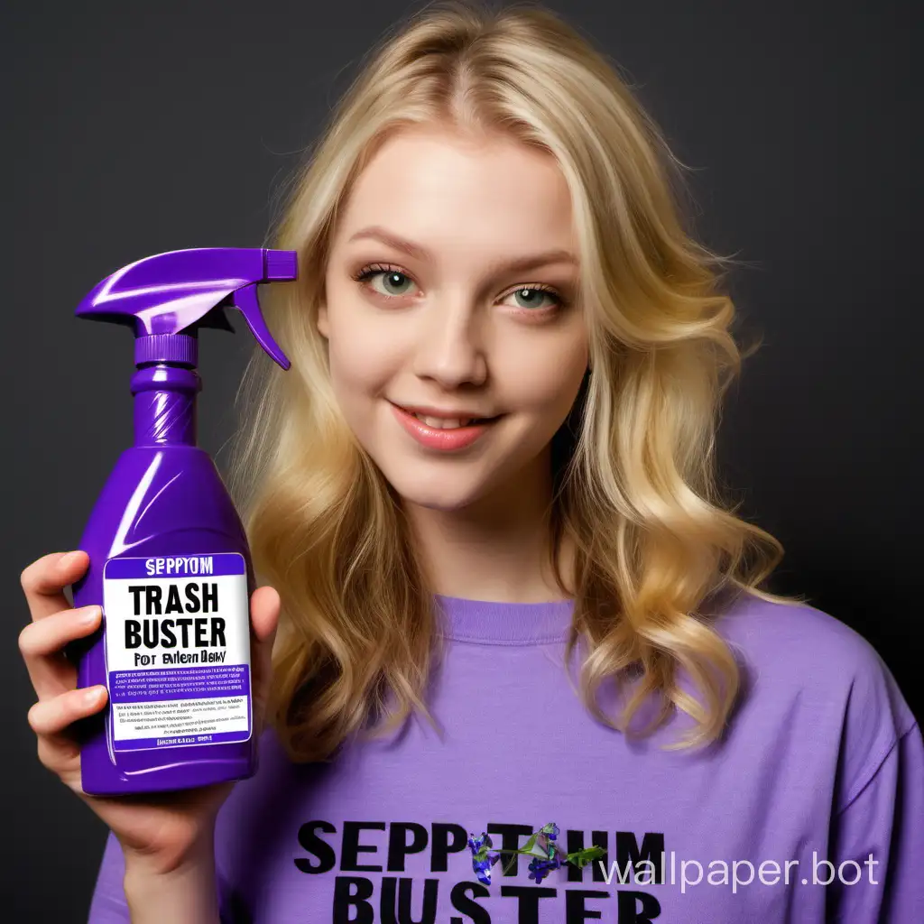 A beautiful blonde girl advertises the TRASH BUSTER odor remedy, a purple trigger bottle with a TRASH BUSTER label, the smell of Flowers, and the inscription Septohim on the clothes.