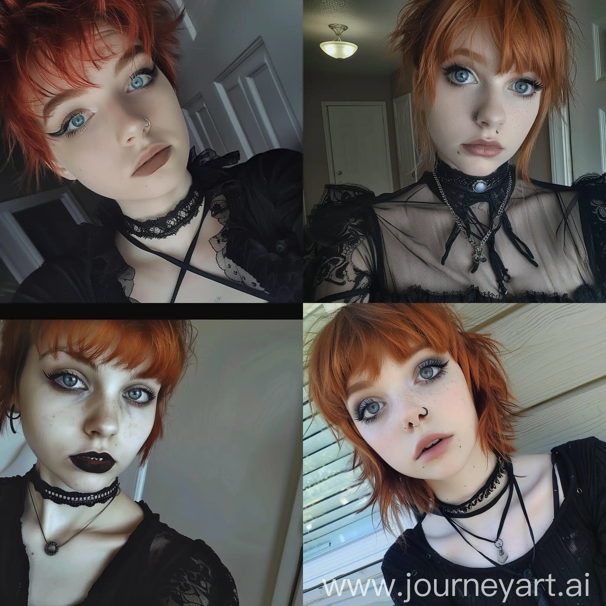 16 year old girl goth, pixie cut, red hair, icy blue eyes