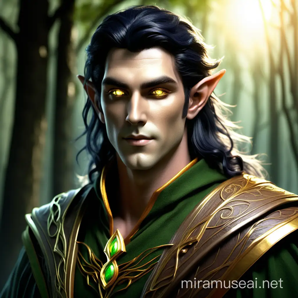 Majestic Elven Druid with Golden Eyes in Enchanted Forest