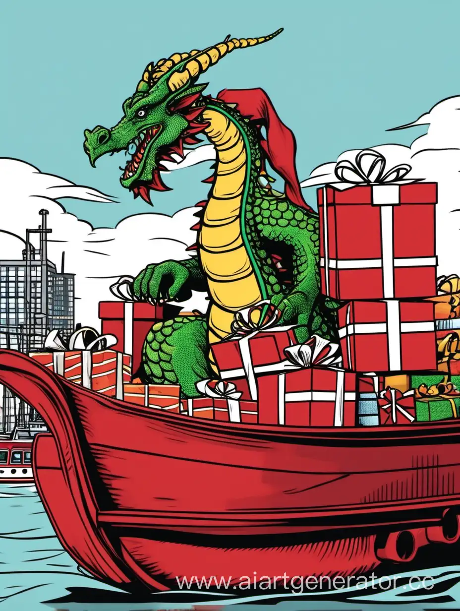 зеленый дракон в красной бейсболке разгружает баржу с подарками в морском порту