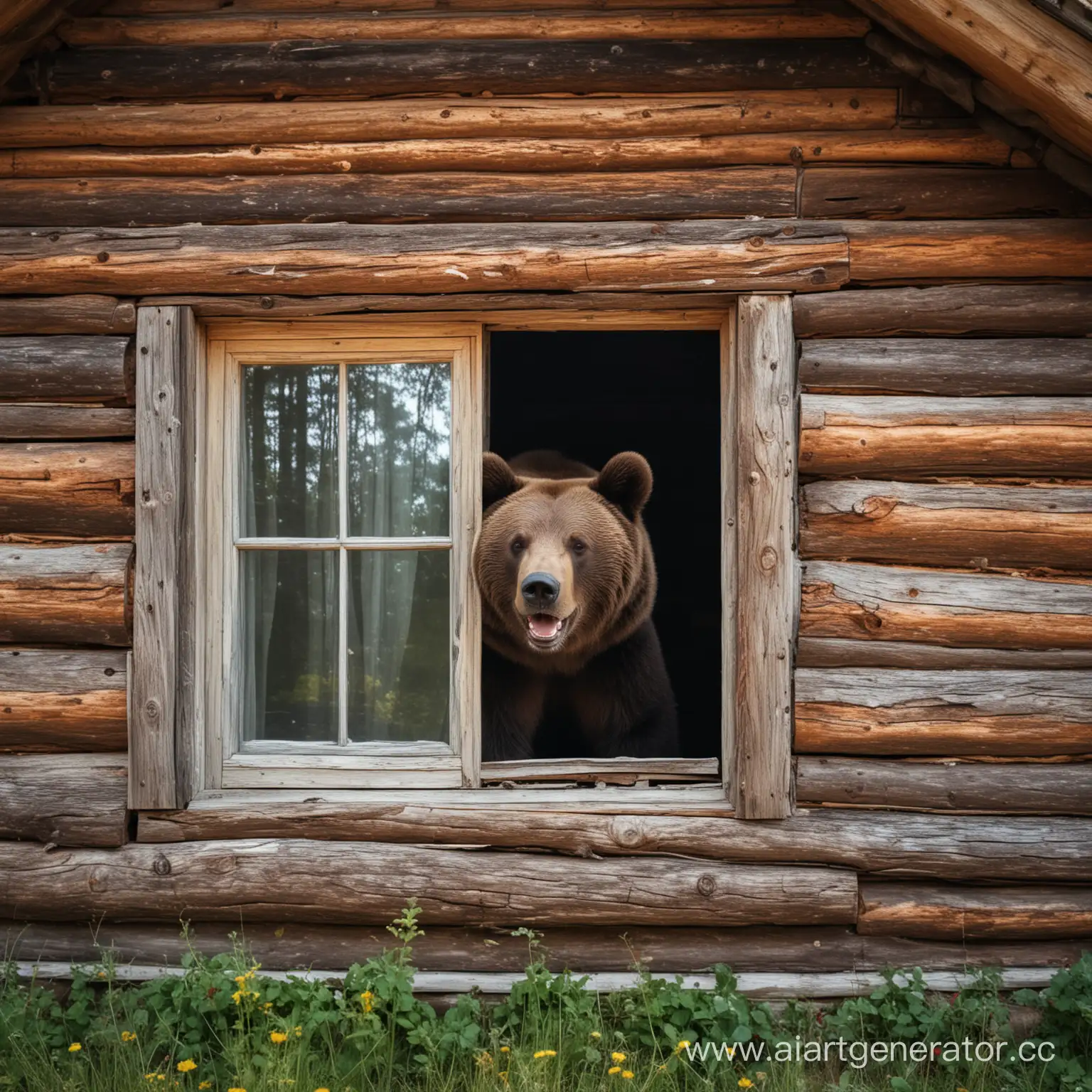 Старый русский терем средних размеров в лесу из окна которого изнутри высовывается радостный медведь