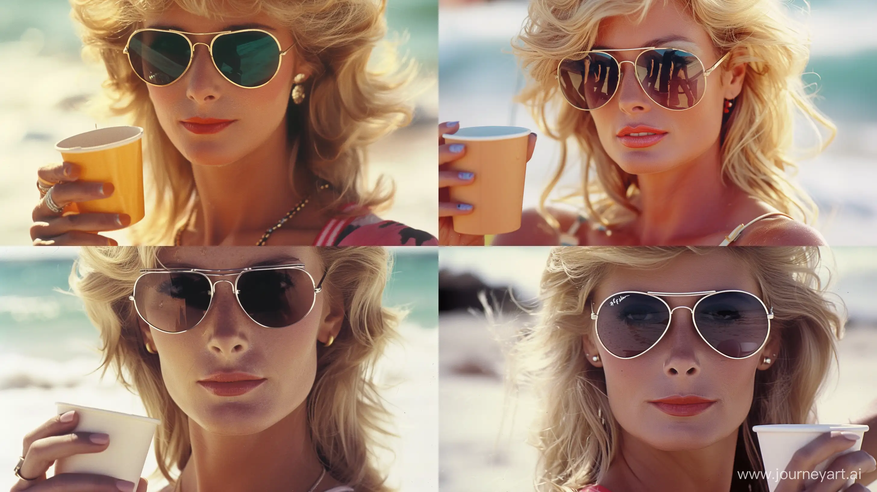 1980s photo, a blonde woman with aviator sunglasses holding a paper cup, close up, in the beach, diana f , realistic skin, natural features --ar 16:9 --style raw