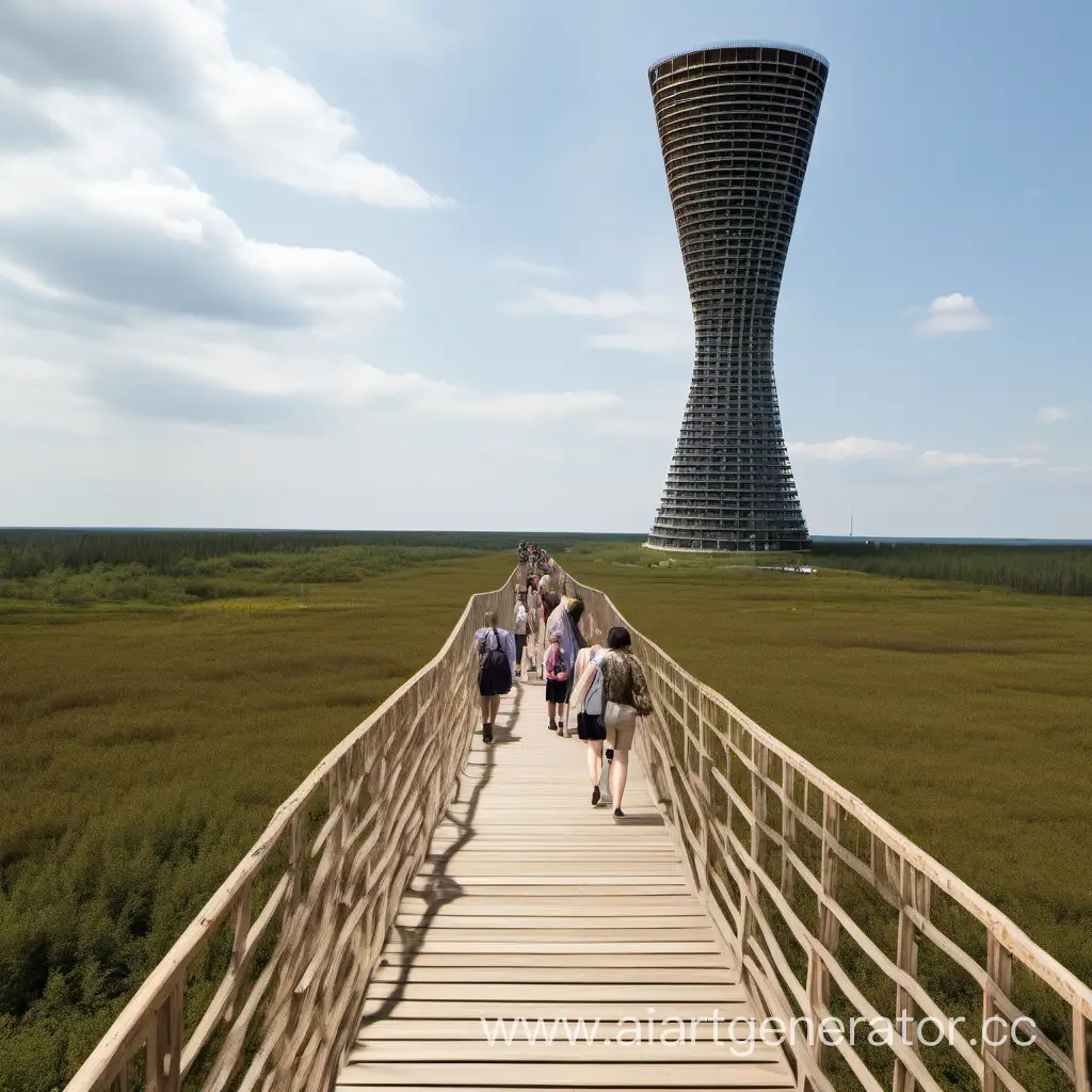 Tourists-Exploring-Hyperboloid-Observation-Tower-Overlooking-Summer-Peat-Bog