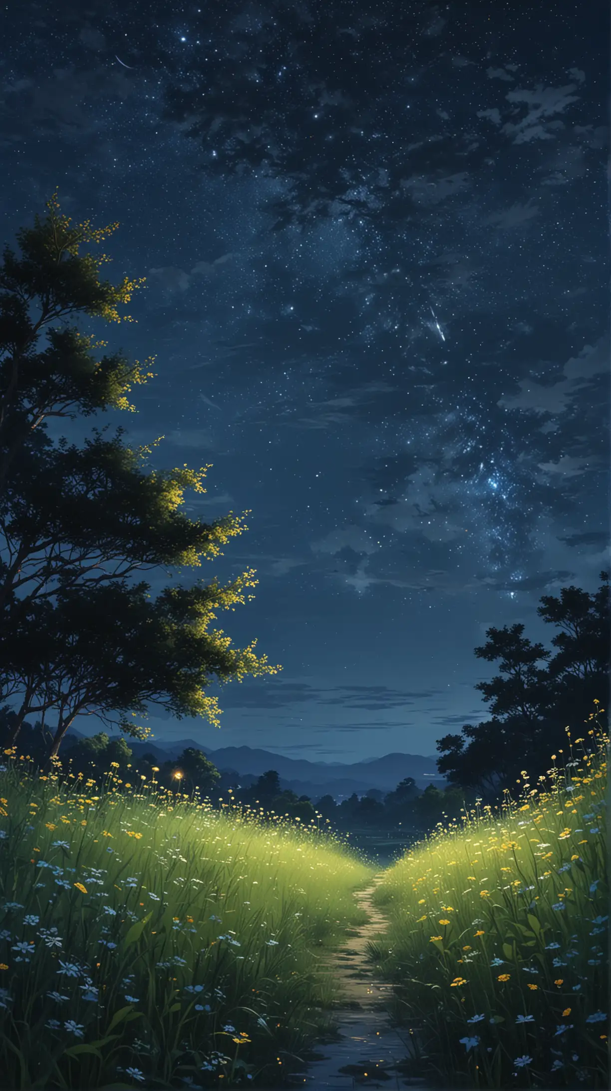 Starry Night Meadow Mystical Fireflies and Vibrant Flowers in Countryside