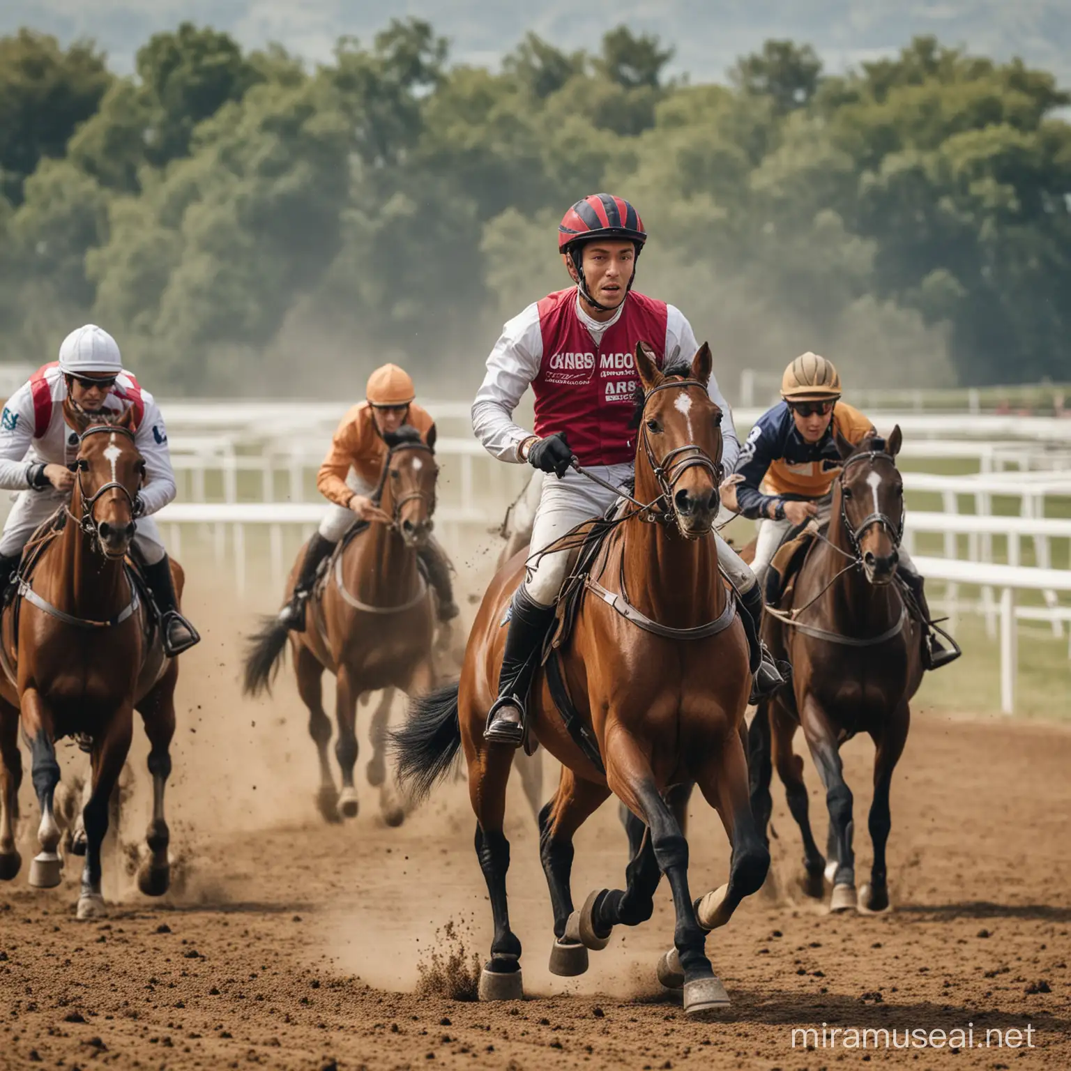 jinete con su caballo en una carrera, con otros caballos atras de el