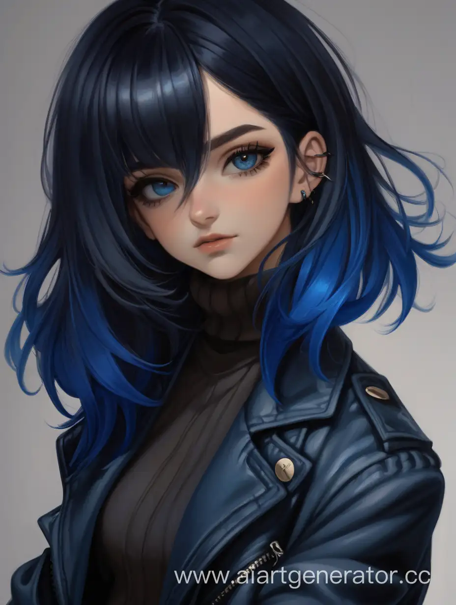 Кареглазая девушка с тёмно-синими волосами, окрашенными на кончиках в голубой, средней длины, в чёрном пиджаке и беспалых перчатках