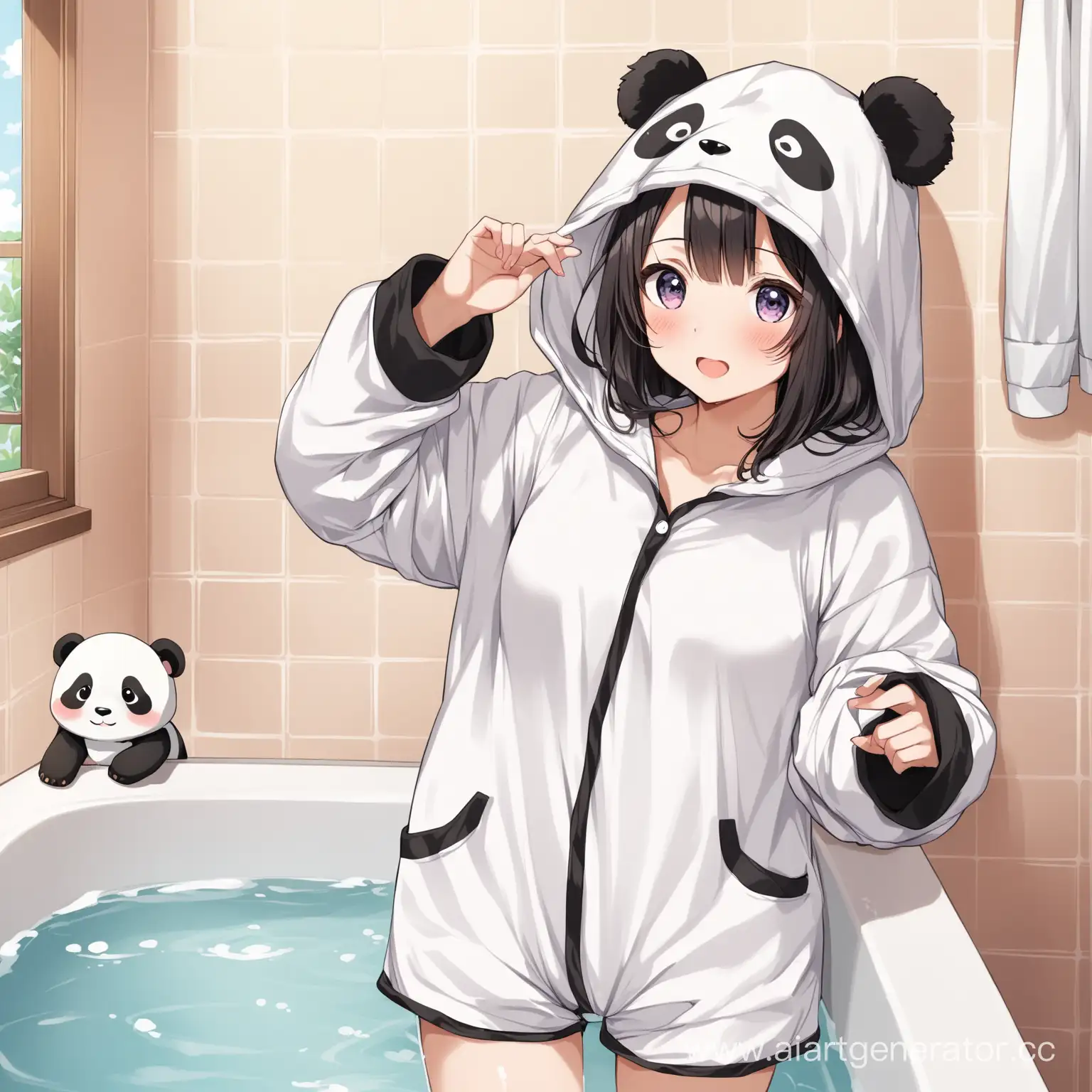 Girl-Relaxing-in-Bubble-Bath-with-Panda-Pajamas