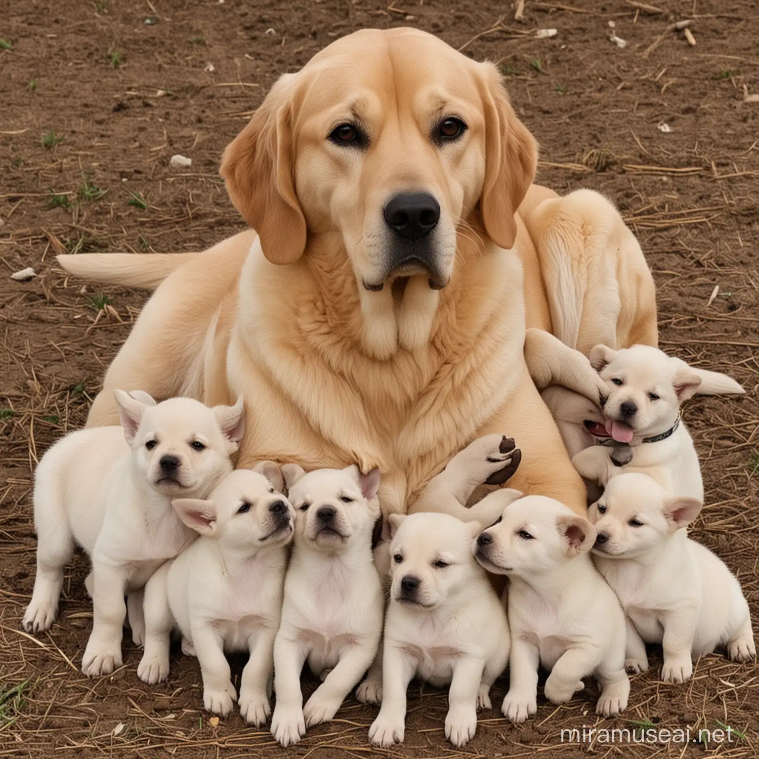 Divine Mother with Her Adorable Puppies Heartwarming Scene of Nurturing Love