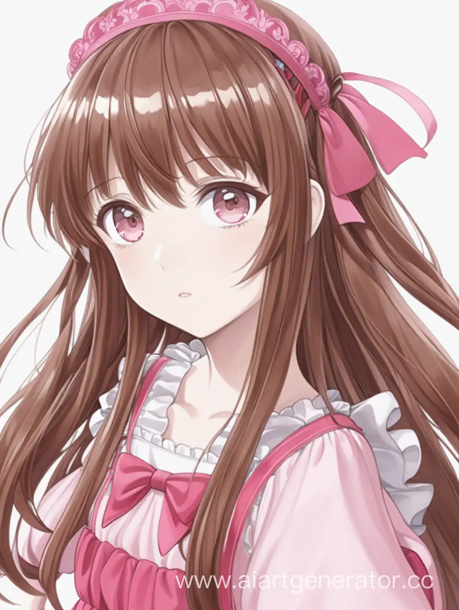Anime style, anime, 1 girl, long brown hair, pink beautiful eyes, pink/red headband, dress