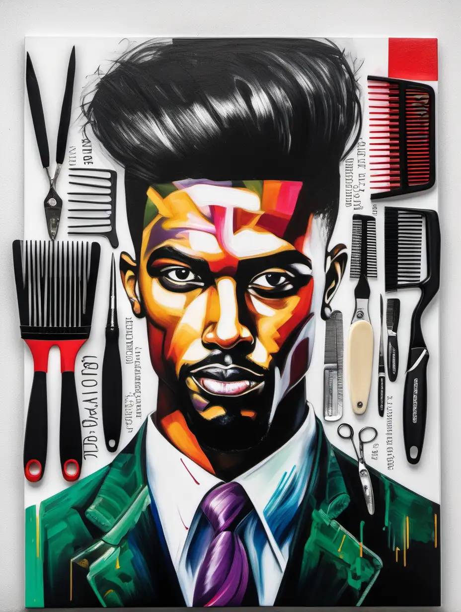 The face of a handsome  with a black comb over takes up most of the page.  Behind him is barbering tools connected to cords that are adding another layer to the painting. There is bold vibrant words that read “Art is the Art! In the distance