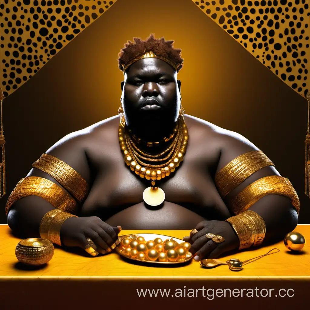 Толстый Африканец с золотыми украшениями сидит за столом