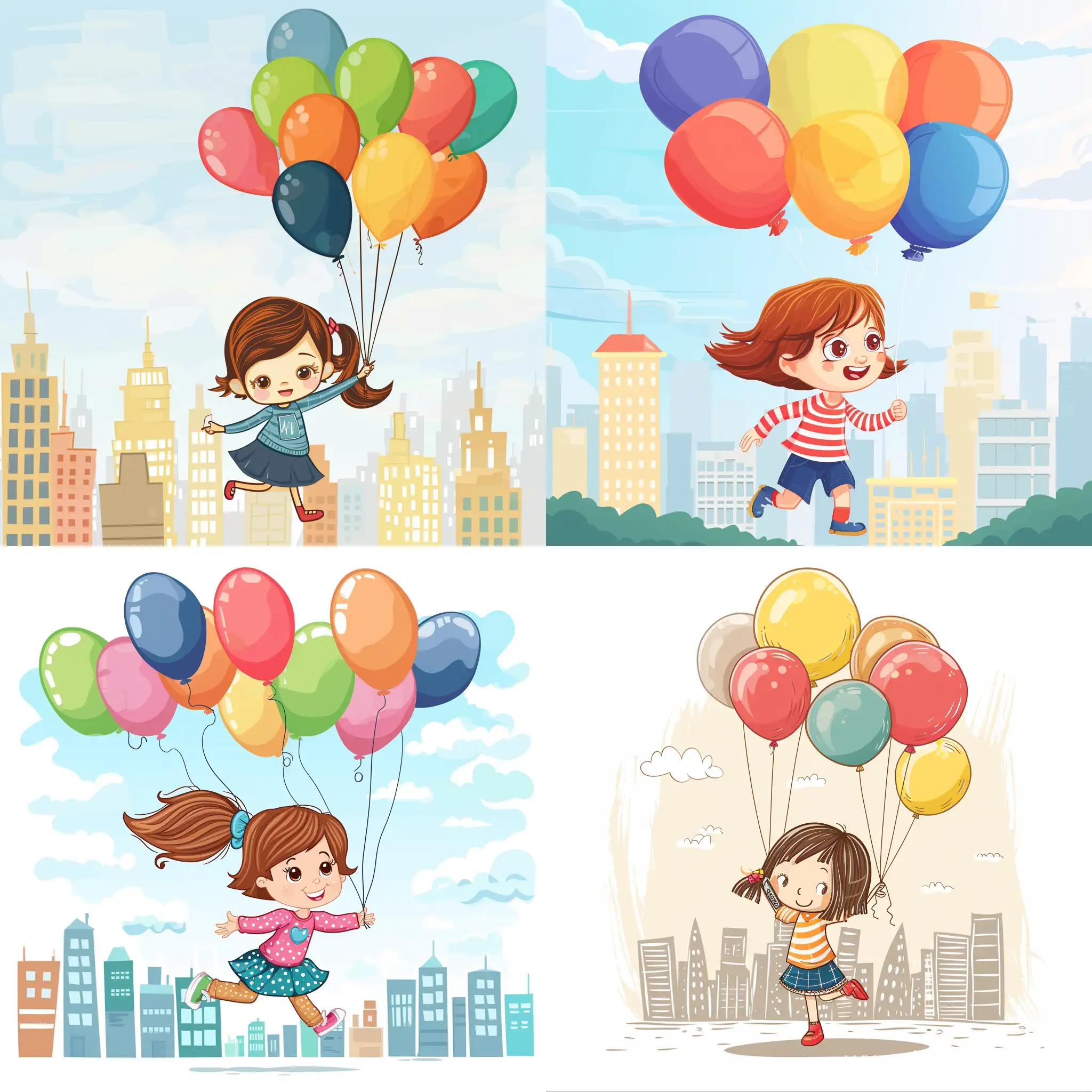 мультяшная смешная милая девочка с воздушными шариками бежит по городу, иллюстрация