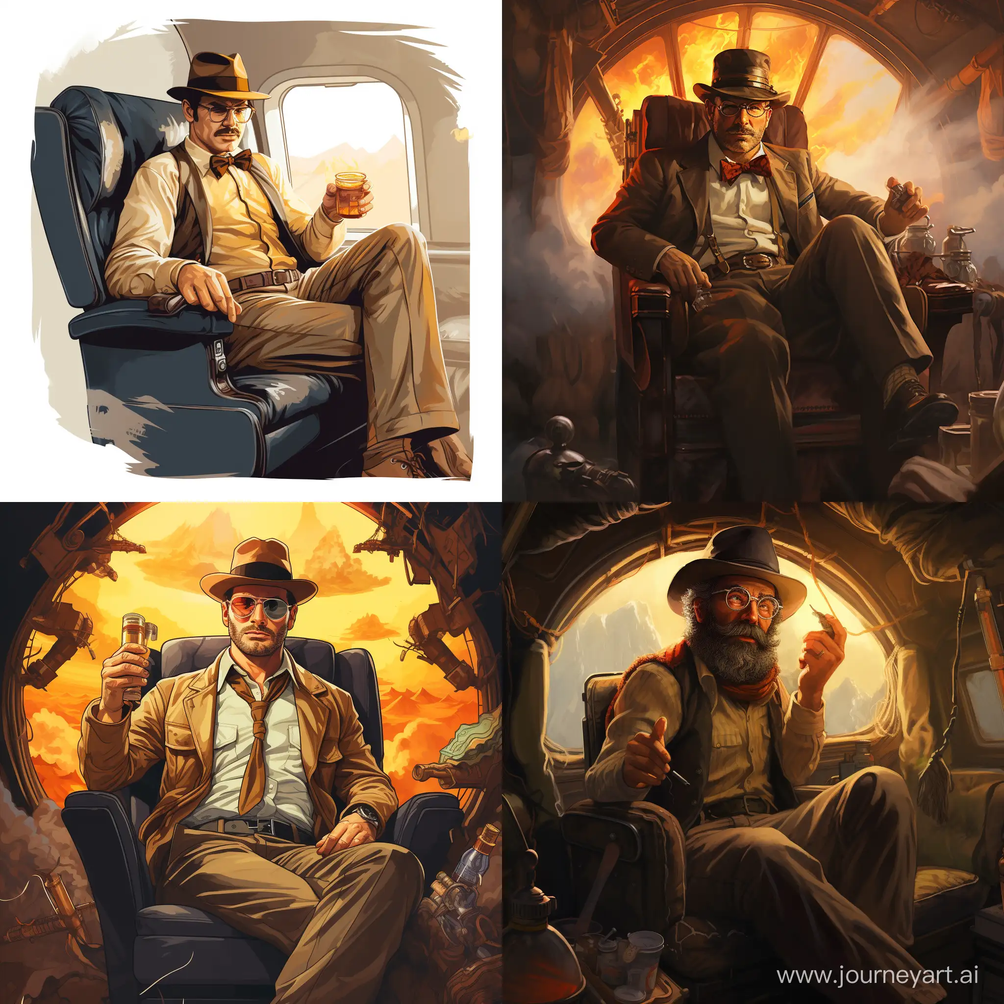 indiana jones sitting in a plane, smoking a tobacco pipe