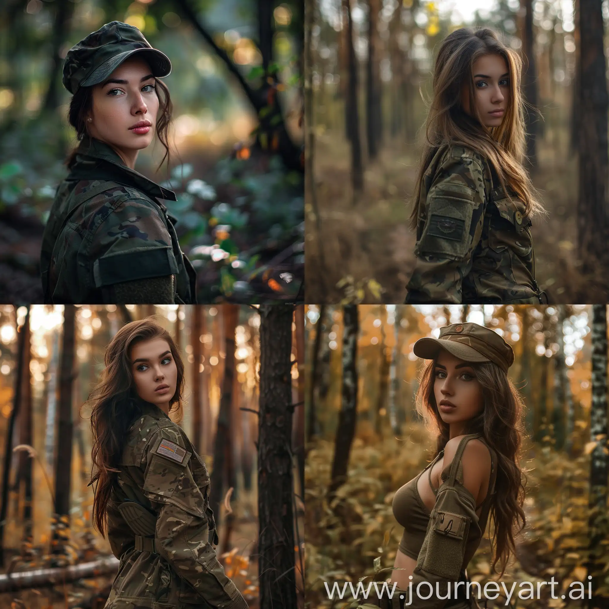 A mbeautiful military woman in a forest