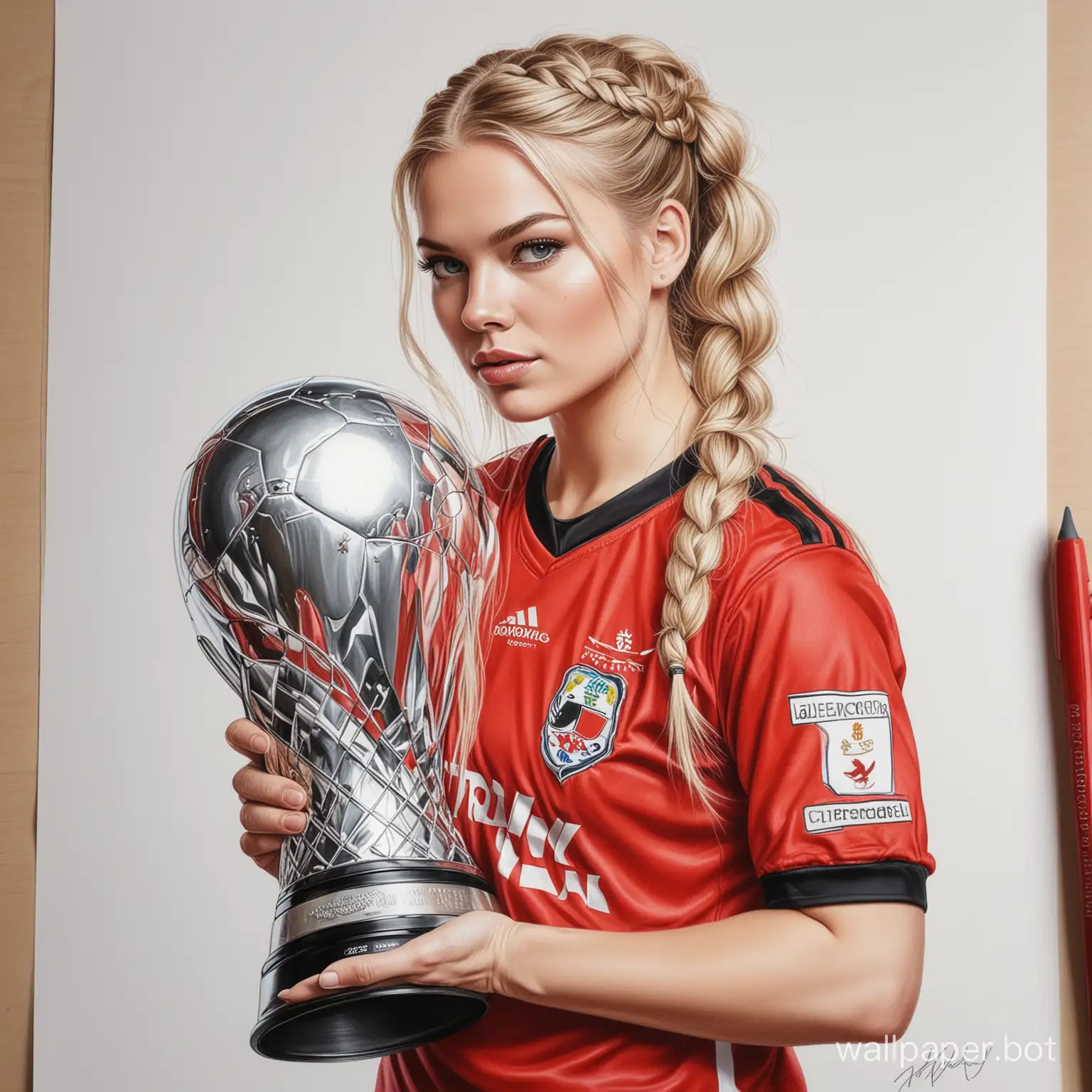 sketch young Marta Ilonen 26 years old light hair with a braid 4 size bust narrow waist in red and black football uniform holding a large Champions Cup white background high realism drawing with colored marker
