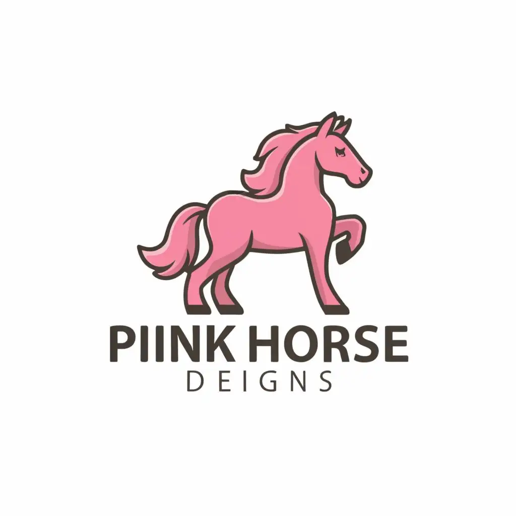logo, A cute pretty pink horse full body, with the text "Pink Horse Designs", typography