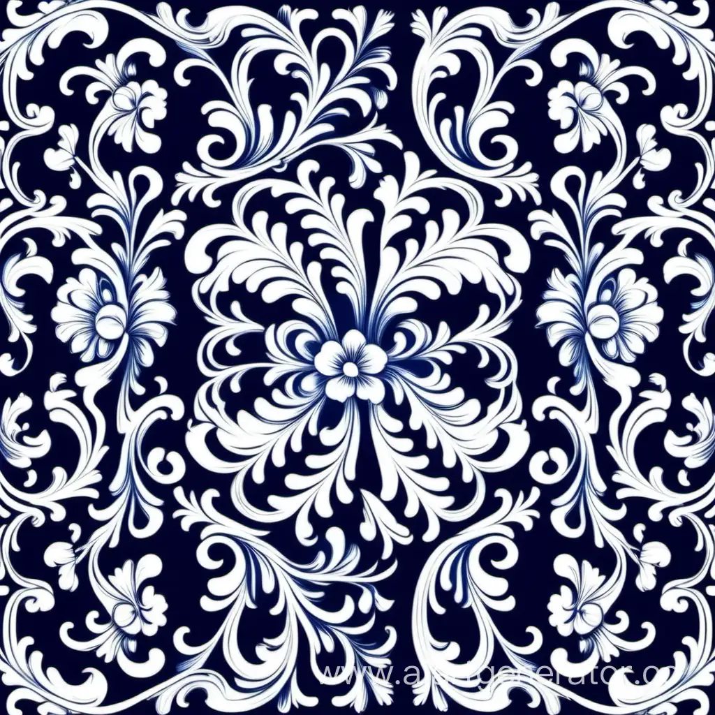 a pattern of floral, Baroque  movement, repeating pattern, white and dark bluevector illustration 