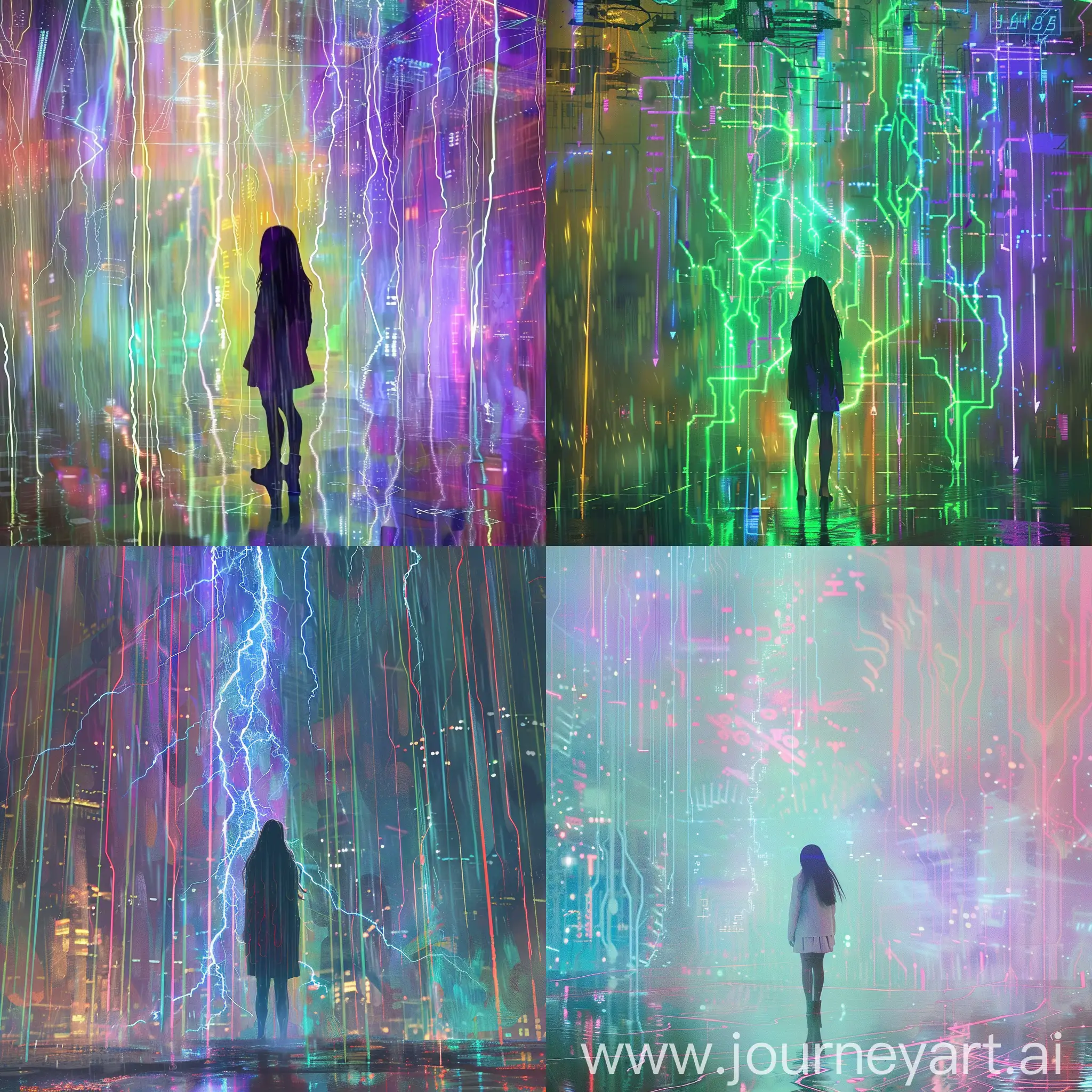 a girl standing under electric rain, pastel color, electric circuits, digital art, visual masterpiece, matrix, matrix electric