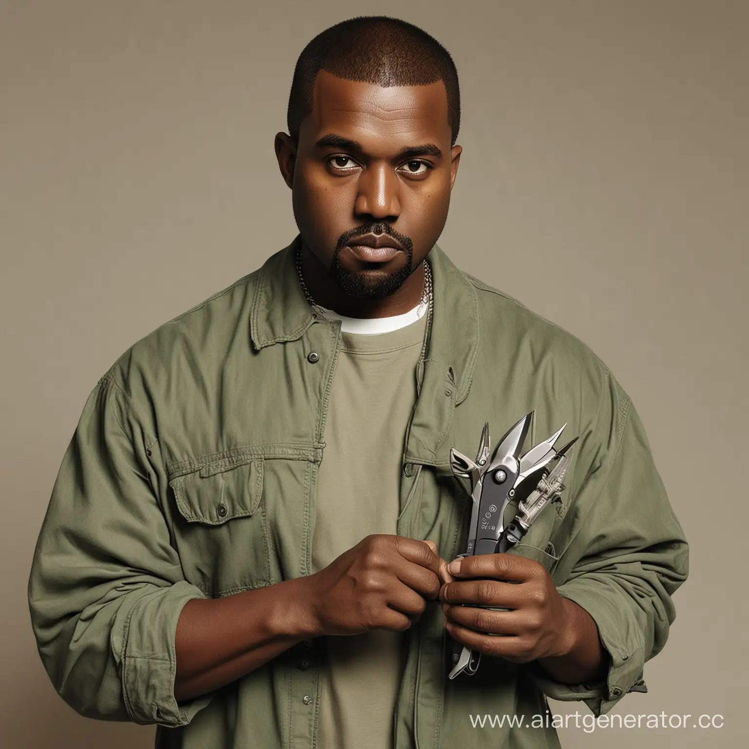 Kanye West is holding a pruning shears.