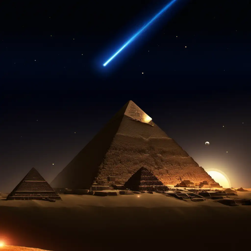 nighttime scene at the great pyramid in egypt, it is night time, the planets venus, mars, Saturn, Jupiter and moon can be seen in the sky, there is a special alignment between star Sirius and the top of the pyramid