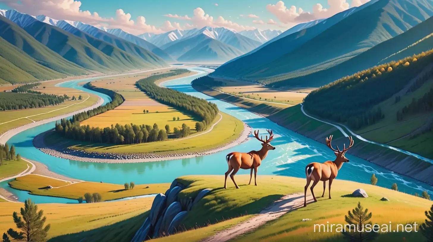Altai Mountains Aerial View with Deer by Katun River