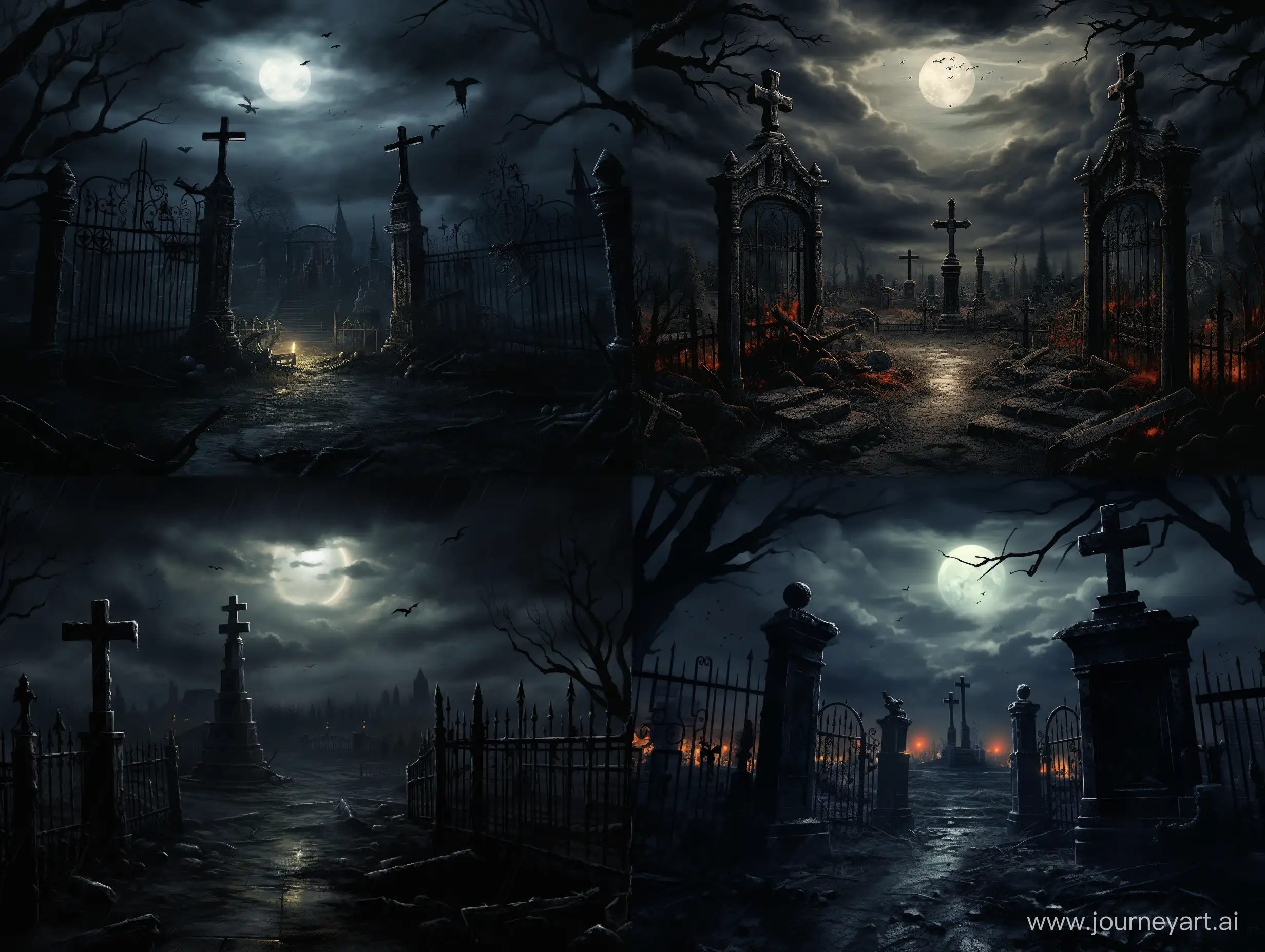 Eerie-Cemetery-Gates-with-CrossShaped-Tombstones-in-Night-Atmosphere