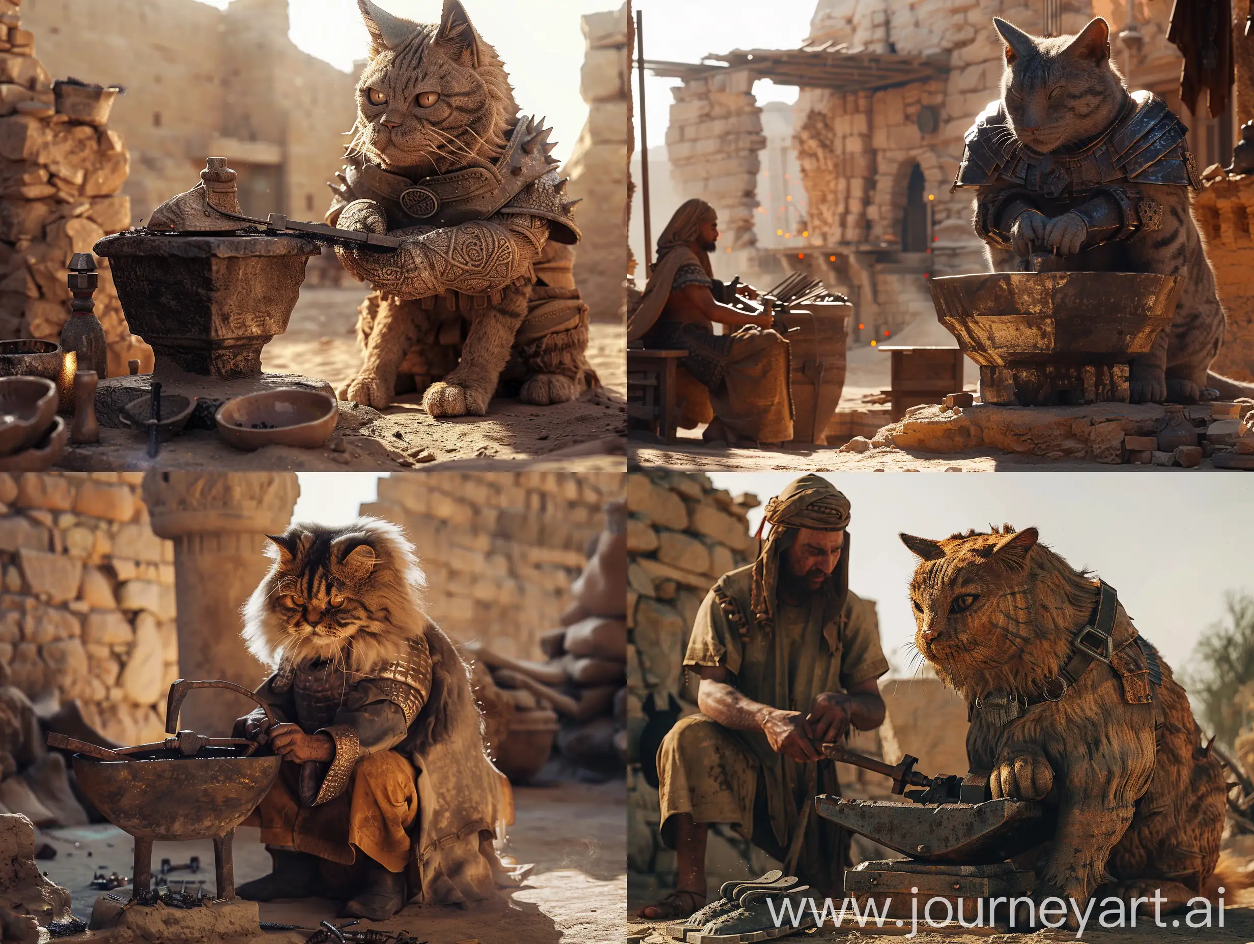 An ancient blacksmith in the city of Arg Bam, Kerman, is making iron shoes and iron armor for a giant horse-sized Persian cat. in a desert, in an ancient civilization, cinematic, epic realism,8K, highly detailed, glamour lighting, backlit