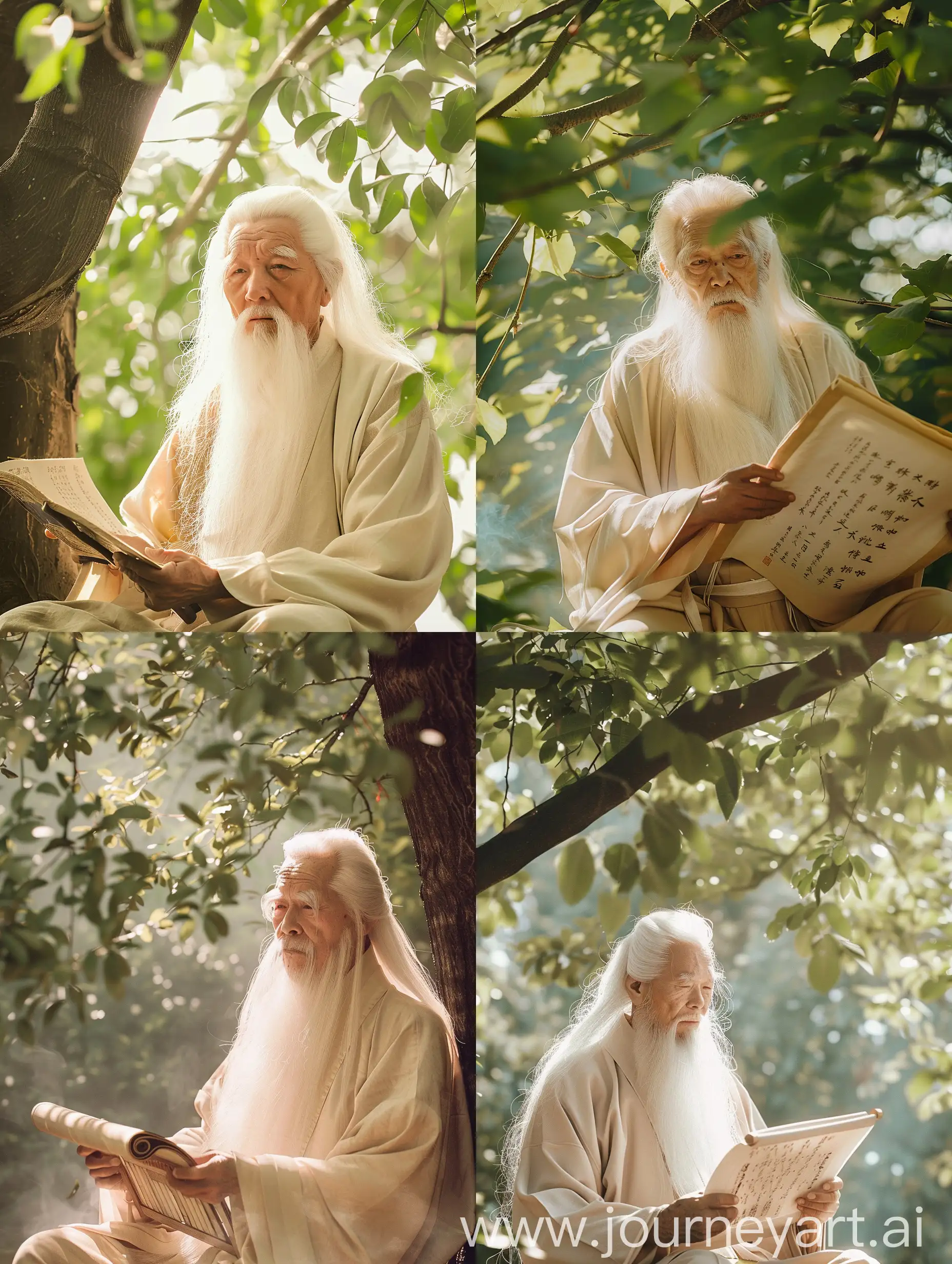 在这个电影般的场景中，一个留着长长白胡子的中国老人在树下，手捧着一卷书专注地阅读。他的脸上洋溢着岁月的痕迹，透露出智慧和沉静。老人身穿深米色传统的中国服饰，呈现出受中国古代艺术影响的风格。整个场景弥漫着一种深沉而神秘的氛围，仿佛将人们带入了一个古老的文化殿堂。阳光透过树叶洒在老人身上，营造出一种梦幻般的效果。这个电影般的场景将中国古代艺术的影响融入其中，展现出文化的底蕴和深度。老人的阅读姿态和周围的环境相得益彰，仿佛在诉说着一个古老而美丽的故事。