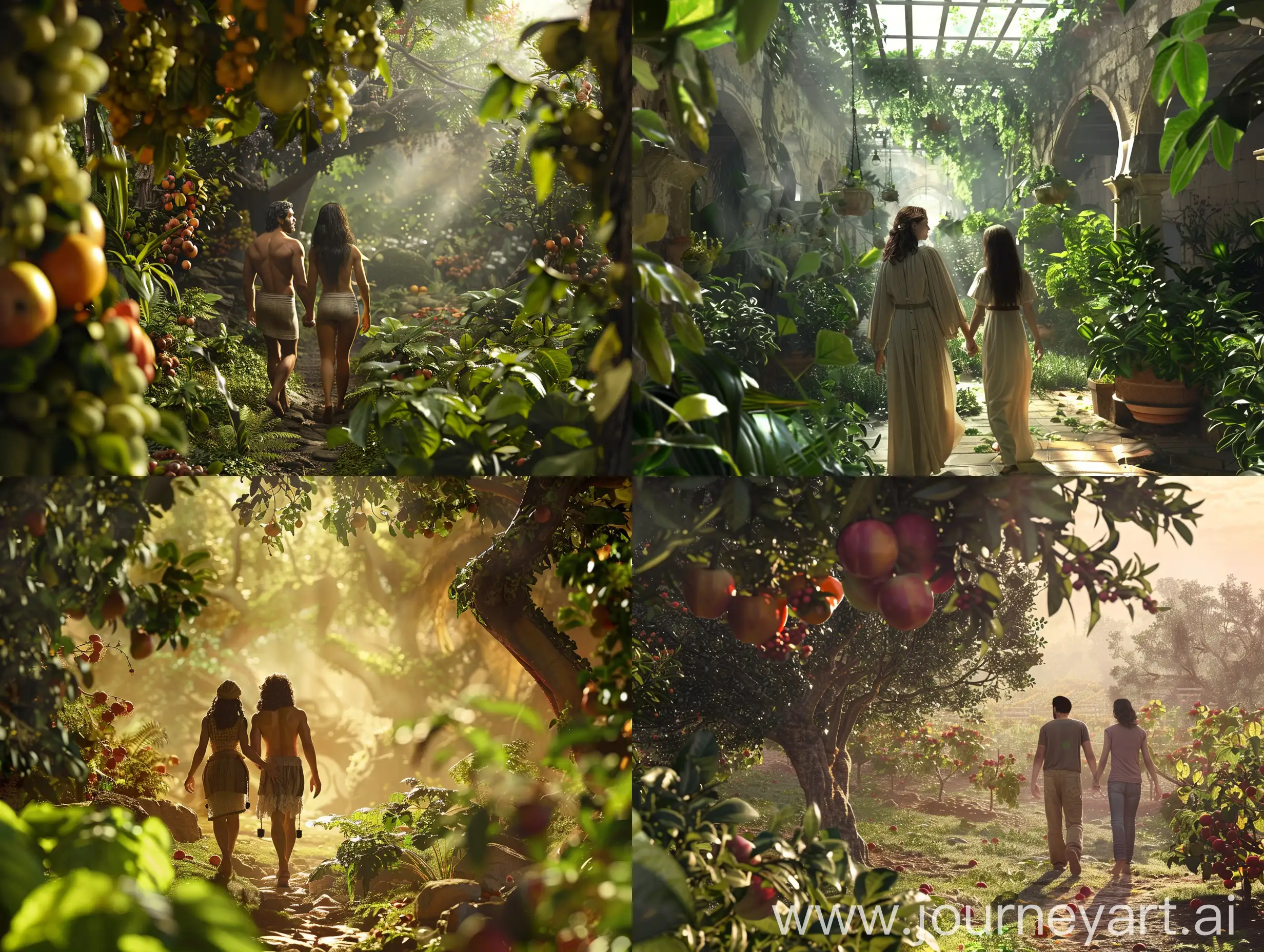 Show Adam and Eve walking through the garden, marveling at its beauty and space. Use close-up shots to capture their awe and wonder as they explore their surroundings.