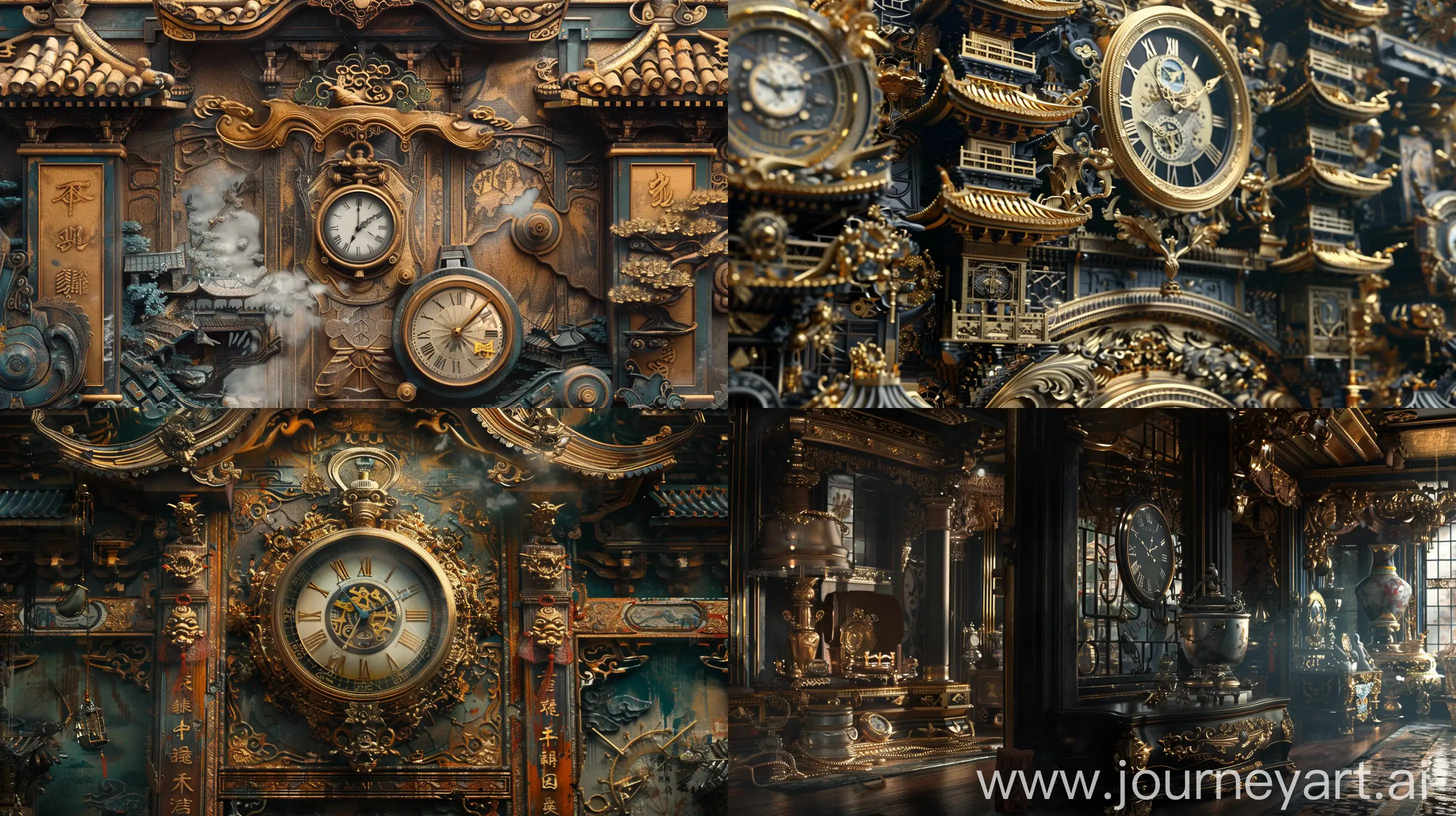 **elegantism, insane detail, painting masterpiece ,Extreme authentic decor , pocket watch, perfect exact rendering, embellished and intricate architectural ornamentations,   japan and china artifacts, gold, greebles::2 --ar 16:9 --q 1