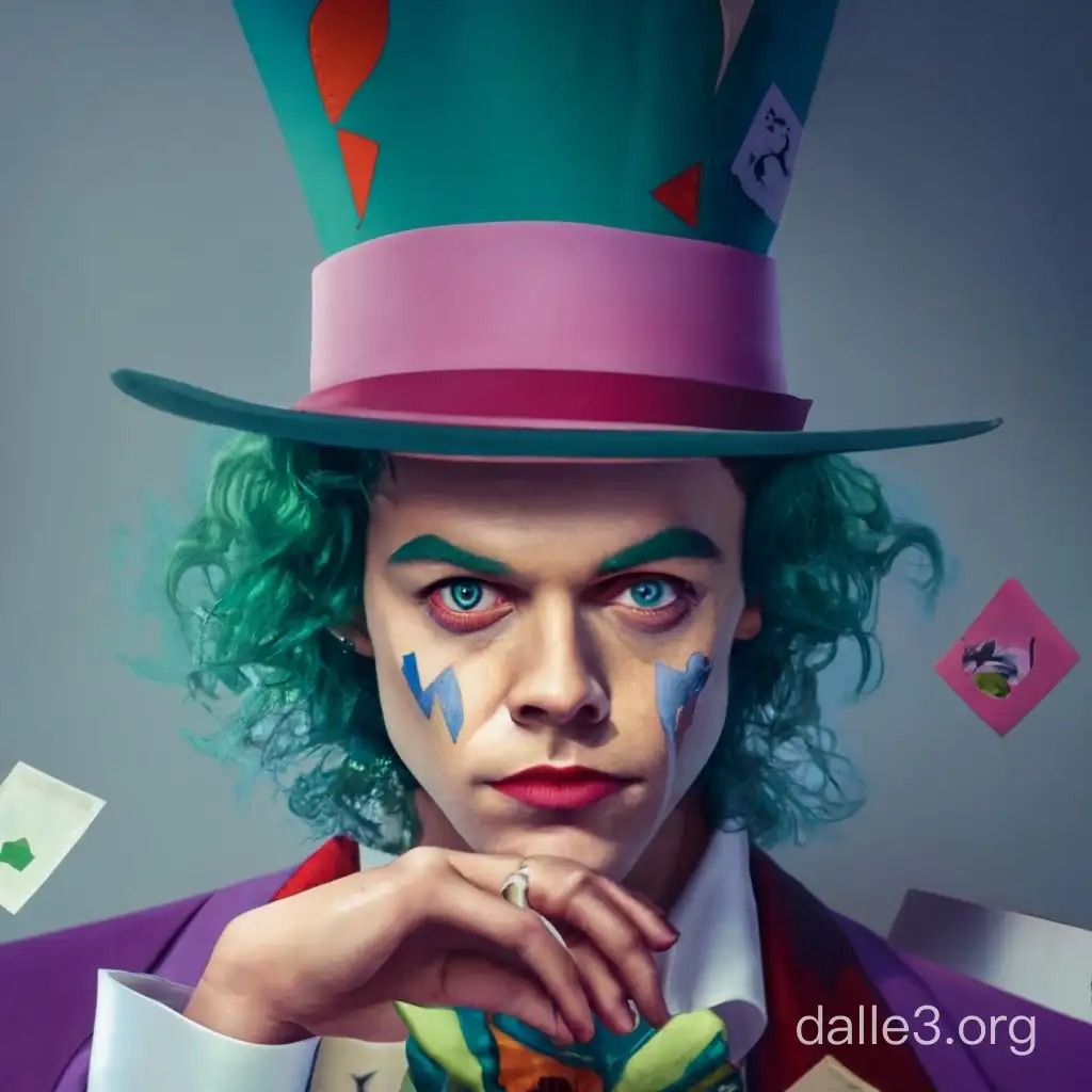 Harry styles cosplaying mad hatter looking in the mirror reflecting Harry styles cosplaying joker