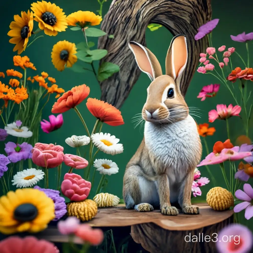 Super detailed real rabbit on cut tree trunk surrounded by beautiful flowers