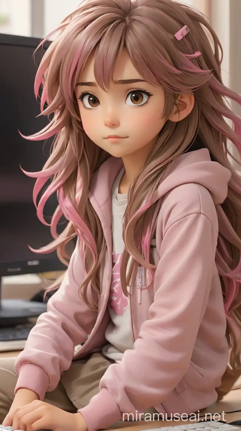 chica anime joven, 7 años, cabello largo color rosa y castaño, con mechas rosadas, ropa casual de color beige, y una computadora detrás.