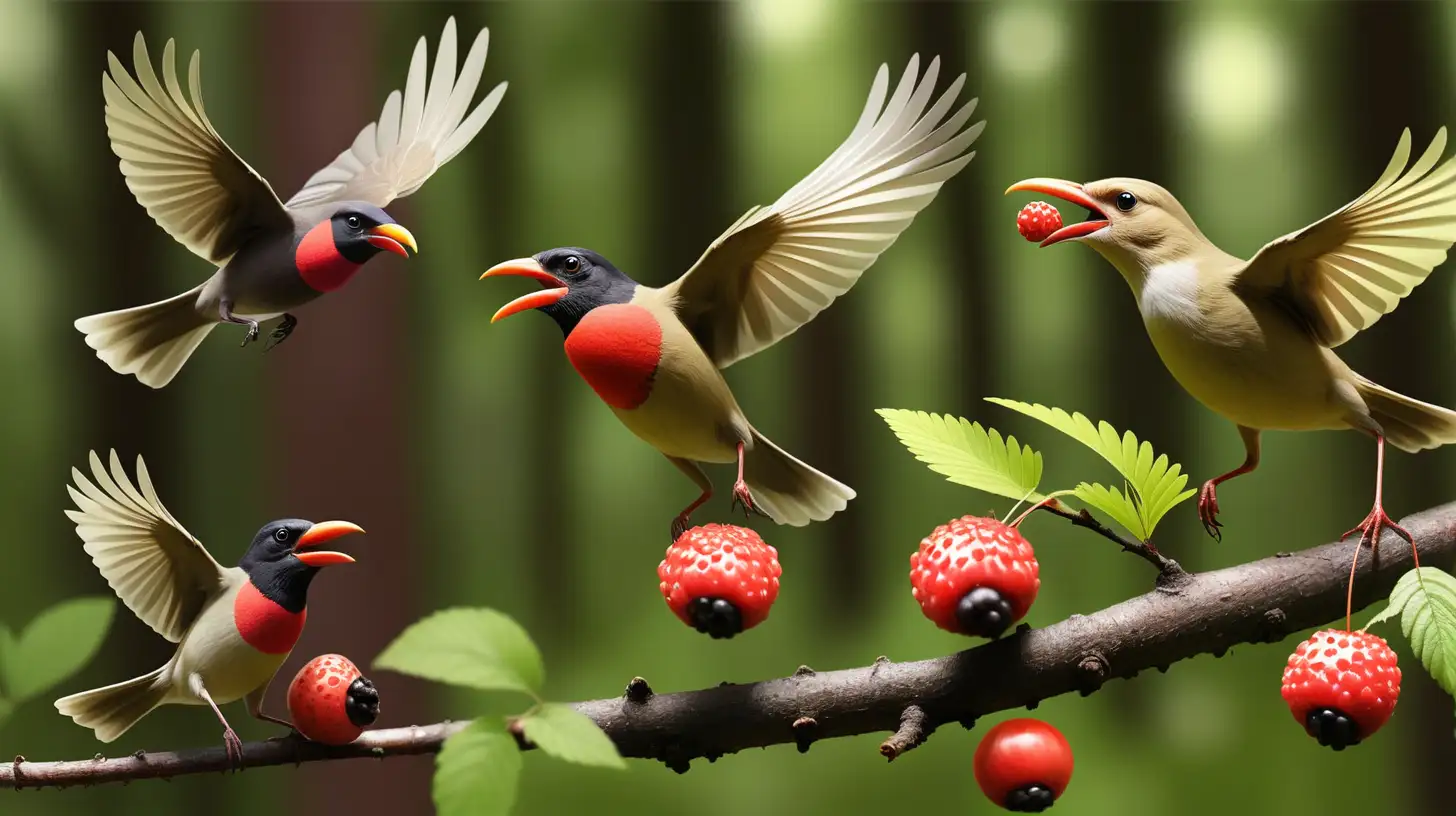 В  этом летнем  лесу много  разных  лесных птиц летает с красной ягодой в своем клюве