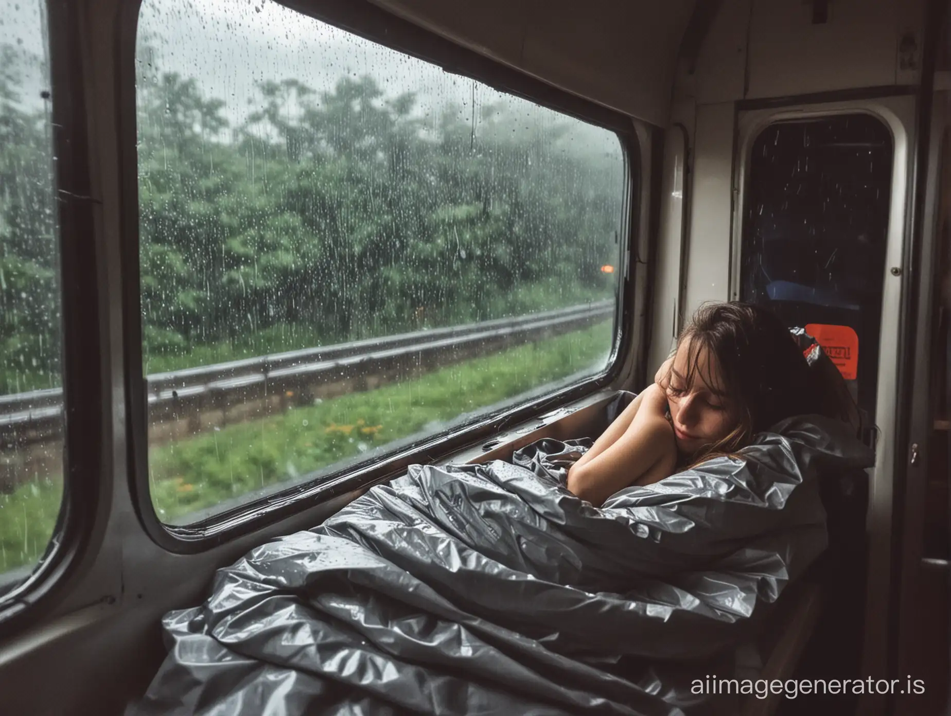 sleeping in train while it rains outside