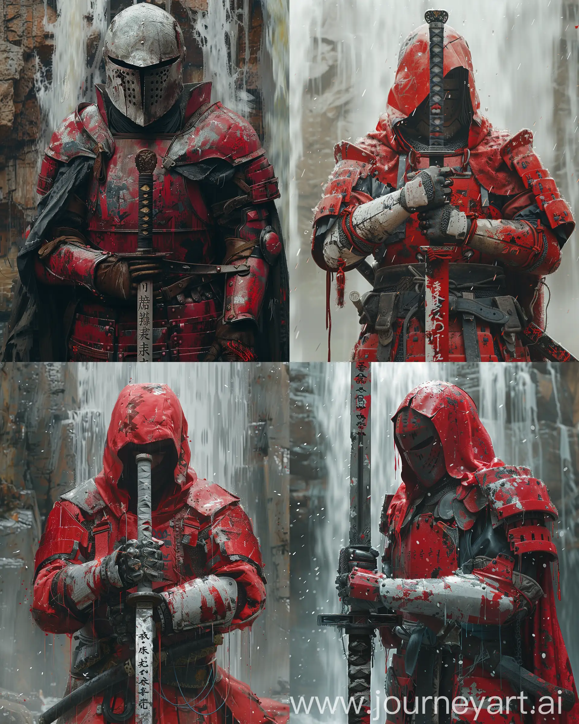 Medieval-Knight-Wielding-Sword-in-Cherry-Red-Armor-Against-Waterfall-Backdrop