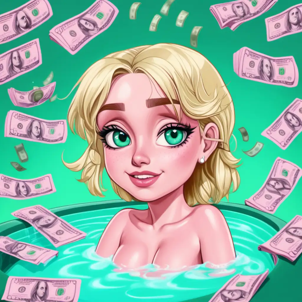Girl Bathing in Money Dubai Cityscape with Cartoon Hero in Pink and Green