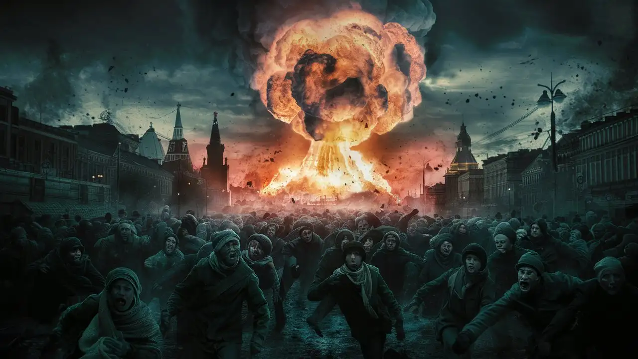 wybuch bomby wodorowej w Moskwie, tłum ludzi ucieka w przerażeniu, atmosfera horroru