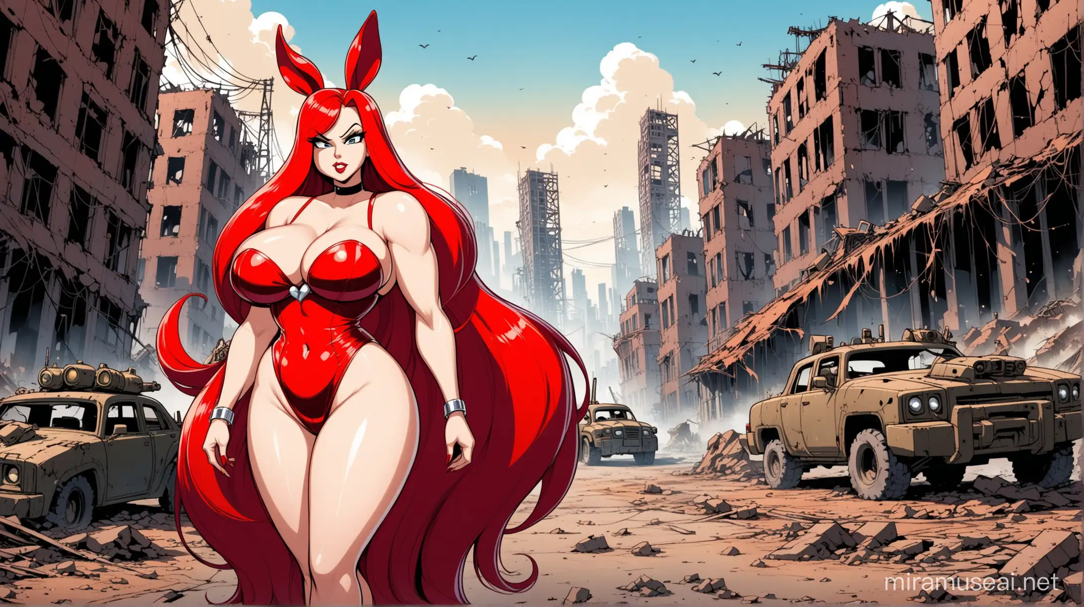 a voluptuous Jessica rabbit with lots of cleavage in cartoon style in battle armor with a bombed out postapocalyptic city in the backgroundty