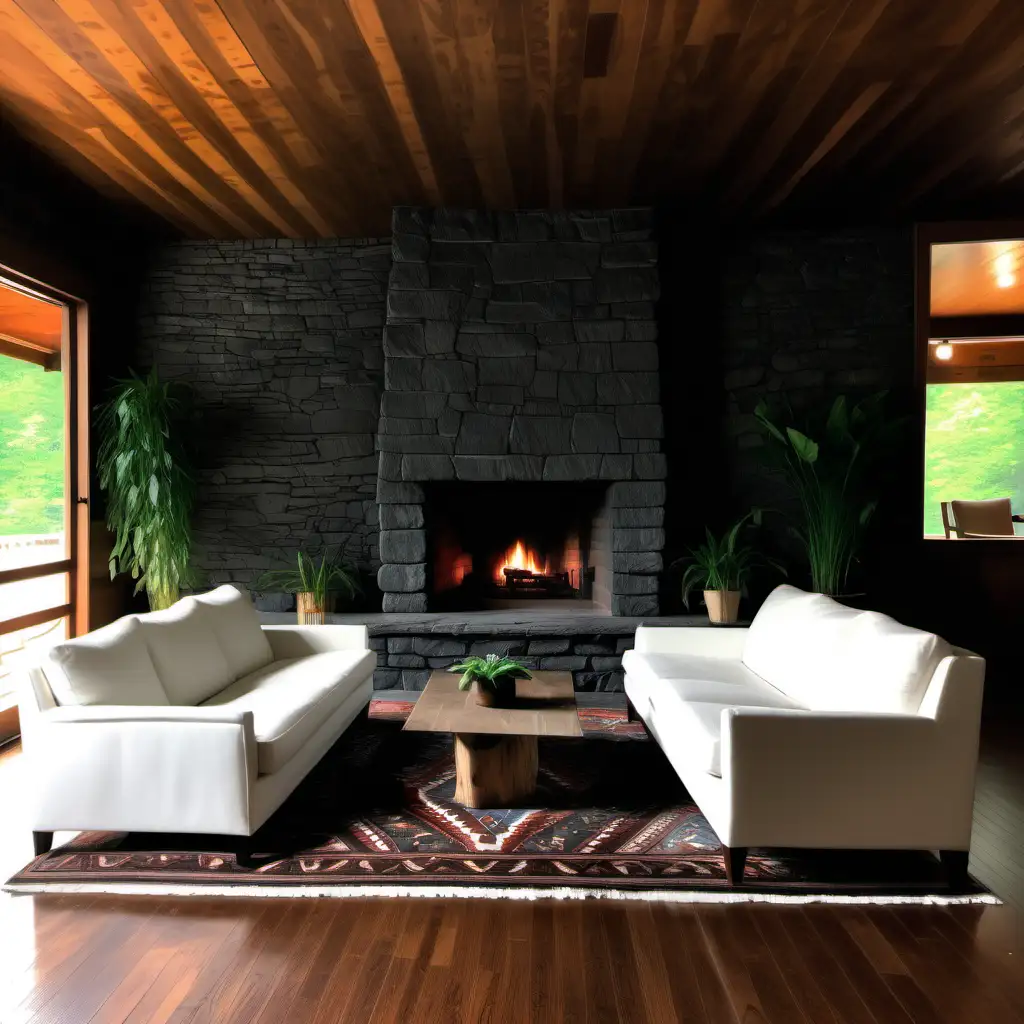 Cozy 1970s Cabin Hotel Lobby with Stone Wall Fireplace