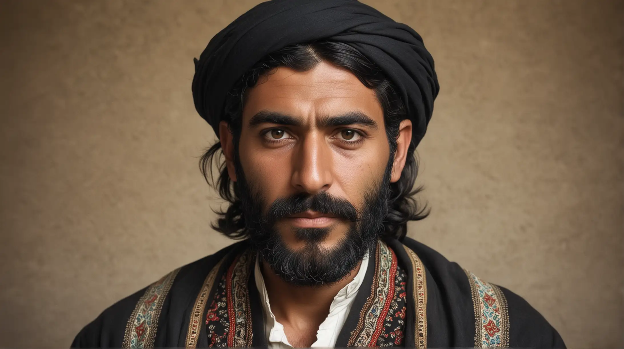 19th century 40 year old Iranian tribal man, with short beard and mustache, long black hair, brave expressions, Iranian dress