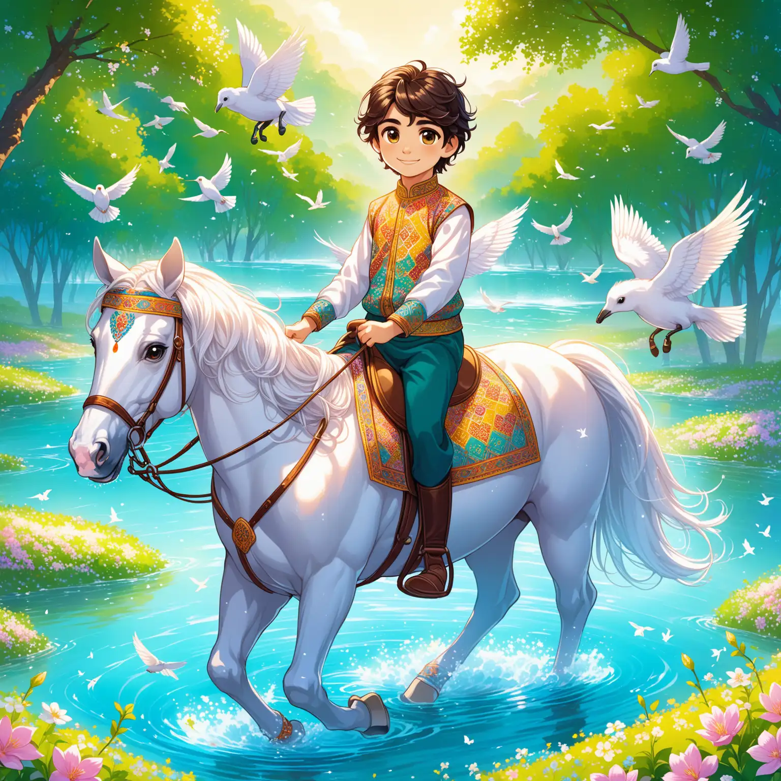 Character Persian 9 years old boy(riding horse, smaller eyes, bigger nose, white skin, cute, smiling, clothes full of Persian designs, heavenly boy).

Atmosphere flowing water from the spring with flowers, nightingales and flying birds in spring.