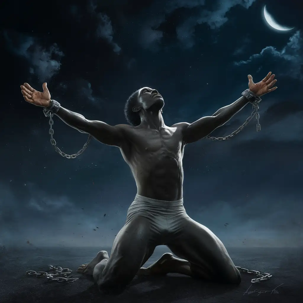 Create a image of Black male slave in the 1800s semi nude on his knees, looking  up to the dark starry night sky with arms spread to the sky with broken chains around his hands giving  praise celebrating his freedom and acknowledgment of his ancestors.