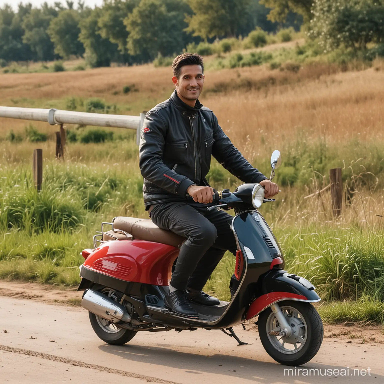 Man riding a Vespa motorbike, tanpa helm , in black jacket, red sleeves, rural background