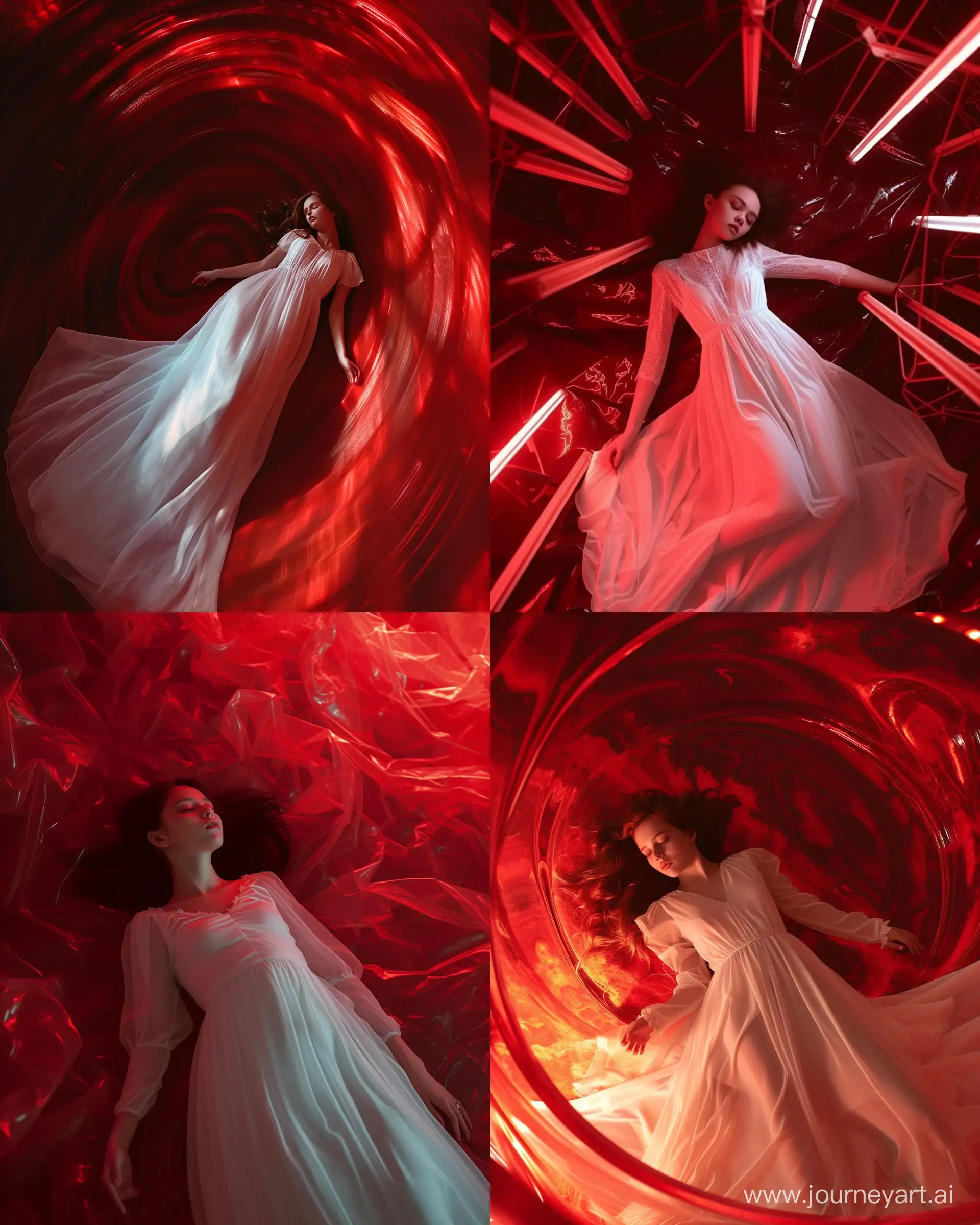 A girl lying in a long white dress in an abstract space, surrealistic, dark red lighting --ar 4:5