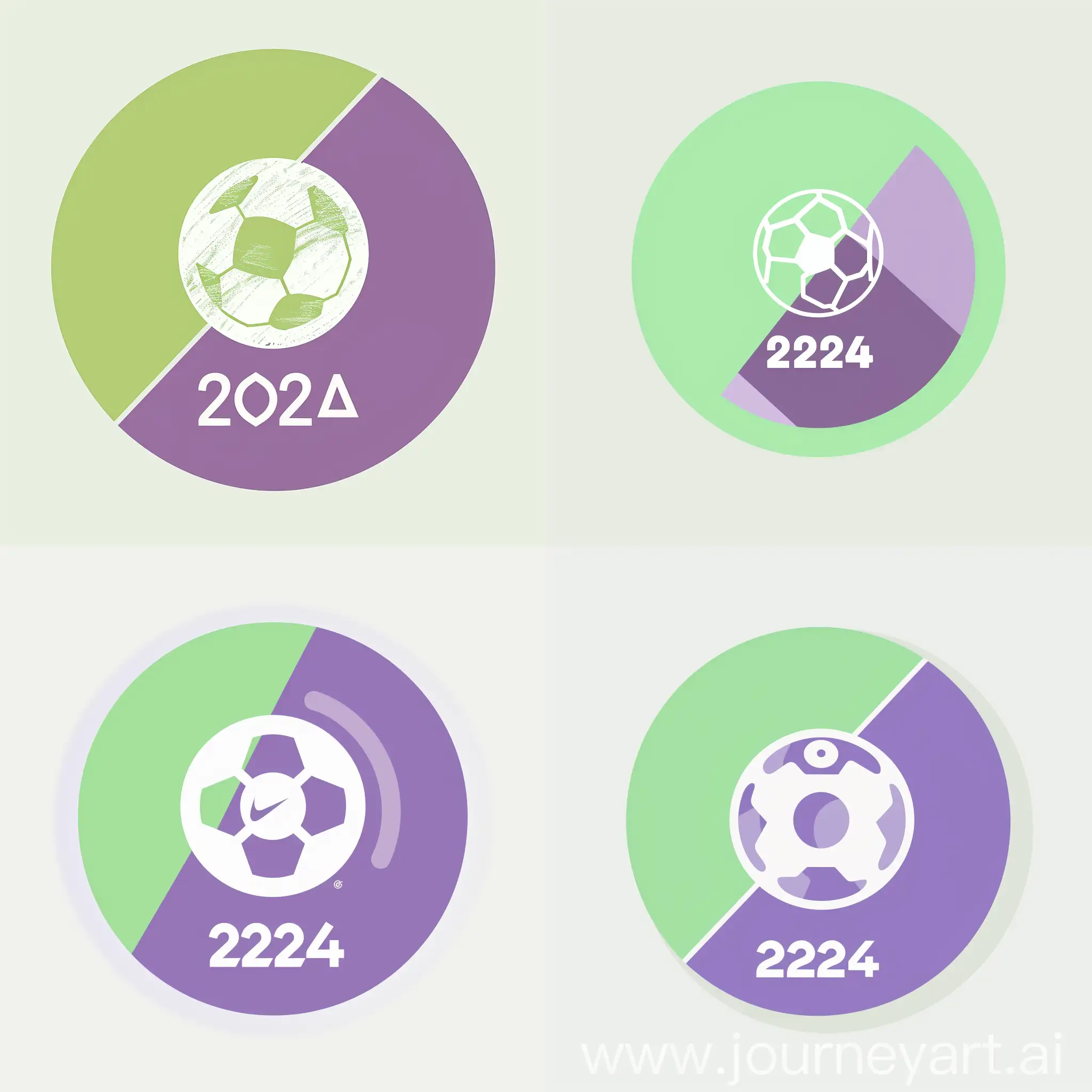 Please draw a circular logo that is divided into two equal halves by a diagonal line. The top left half should be light green and the bottom right half should be purple. In the middle of the purple half, place a white soccer ball icon. Below the soccer ball icon, write ‘2024’ in white text.