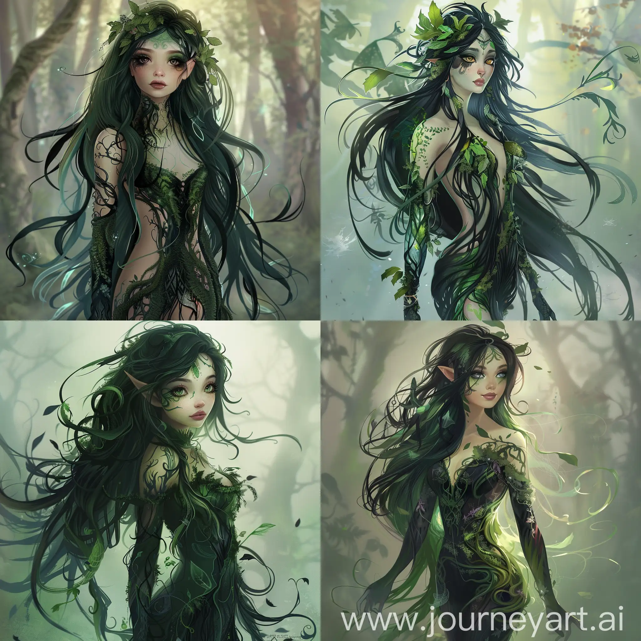 User
Create an image of a woodland spirit that blends a cartoony style with realistic elements, embodying the essence of an enchanted forest with a gothic aesthetic. This spirit is both ethereal and inviting, merging the whimsical charm of cartoon design with the detailed, lifelike textures of realism. Her appearance includes long, flowing hair with deep green and black hues that resemble leaves and vines, emphasizing her connection to the forest. Her skin has a soft glow, adorned with nature-inspired tattoos that add an element of mystical depth. Her eyes are large and expressive, capturing the viewer with their mystical gleam. She wears an outfit that is a fantastical fusion of forest elements—leaves, moss, and flowers—crafted to accentuate her playful yet elegant silhouette. Around her, a subtle aura of forest magic prevails, with hints of light and shadow that add to her mysterious allure. As the forest queen's handmaid, she projects a balance of strength, grace, and a protective nature, perfectly blending the boundaries between the cartoony and the realistic.