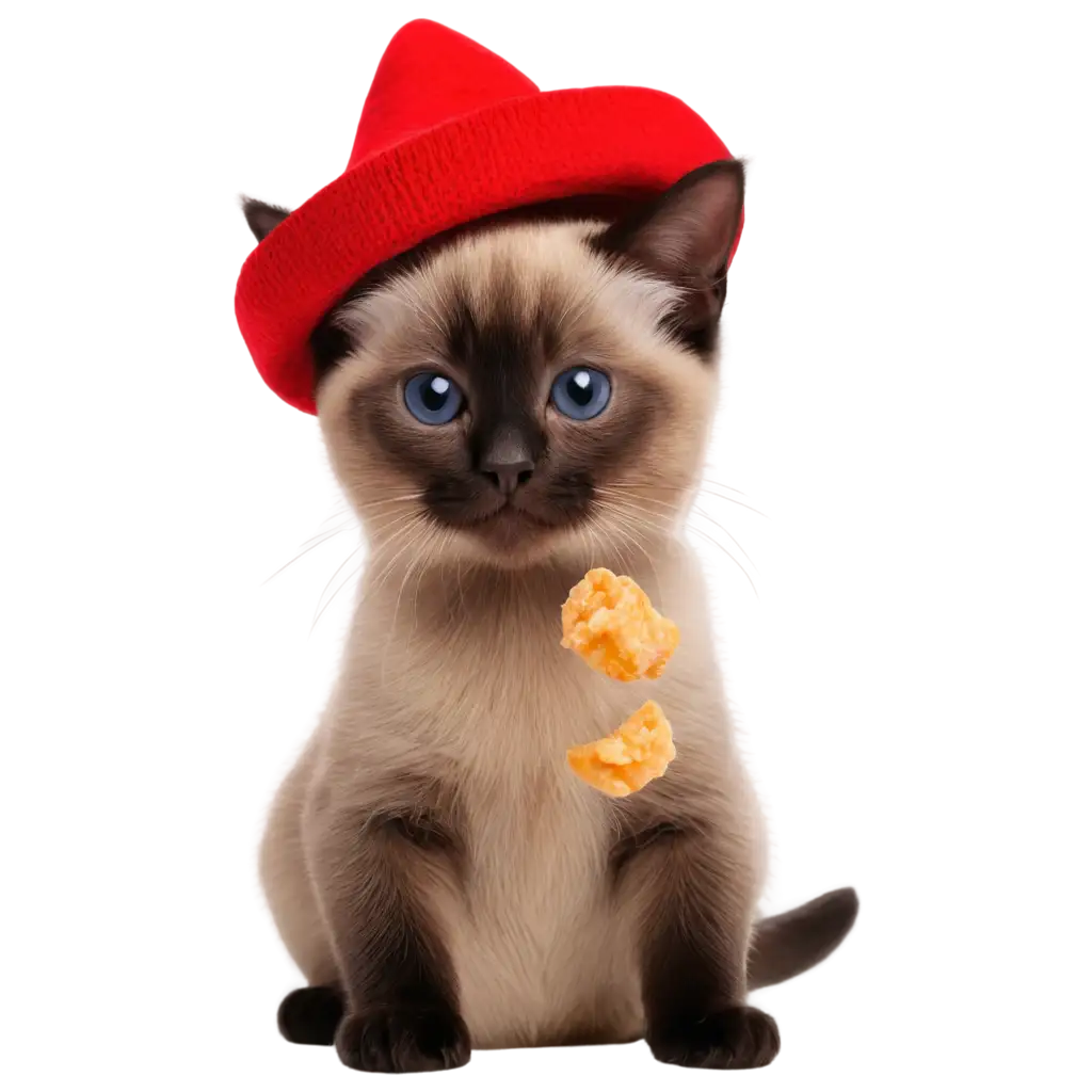 сиамская кошка в шляпе кушает наггетсы