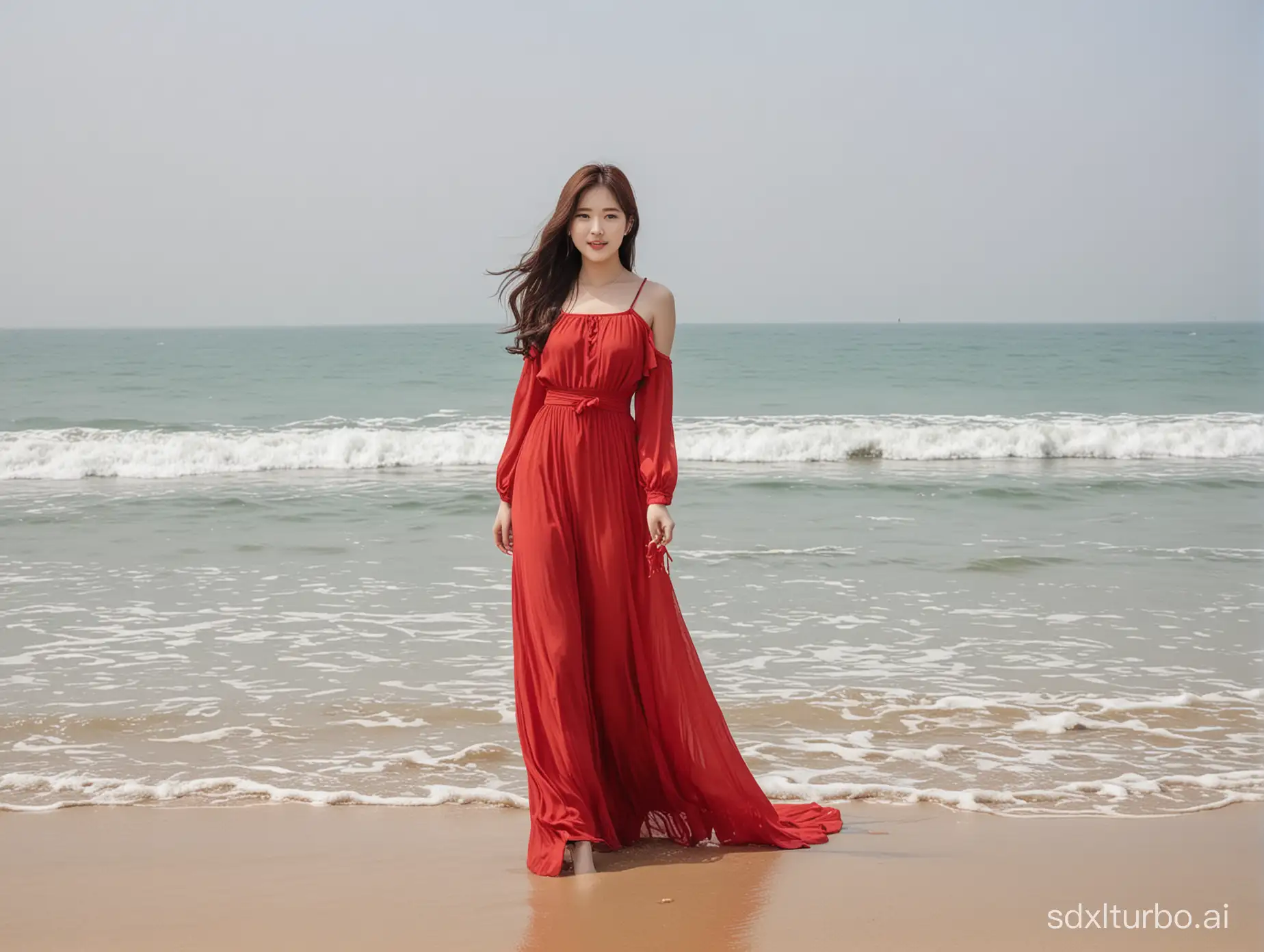 korean girl with red long dress inthe beach