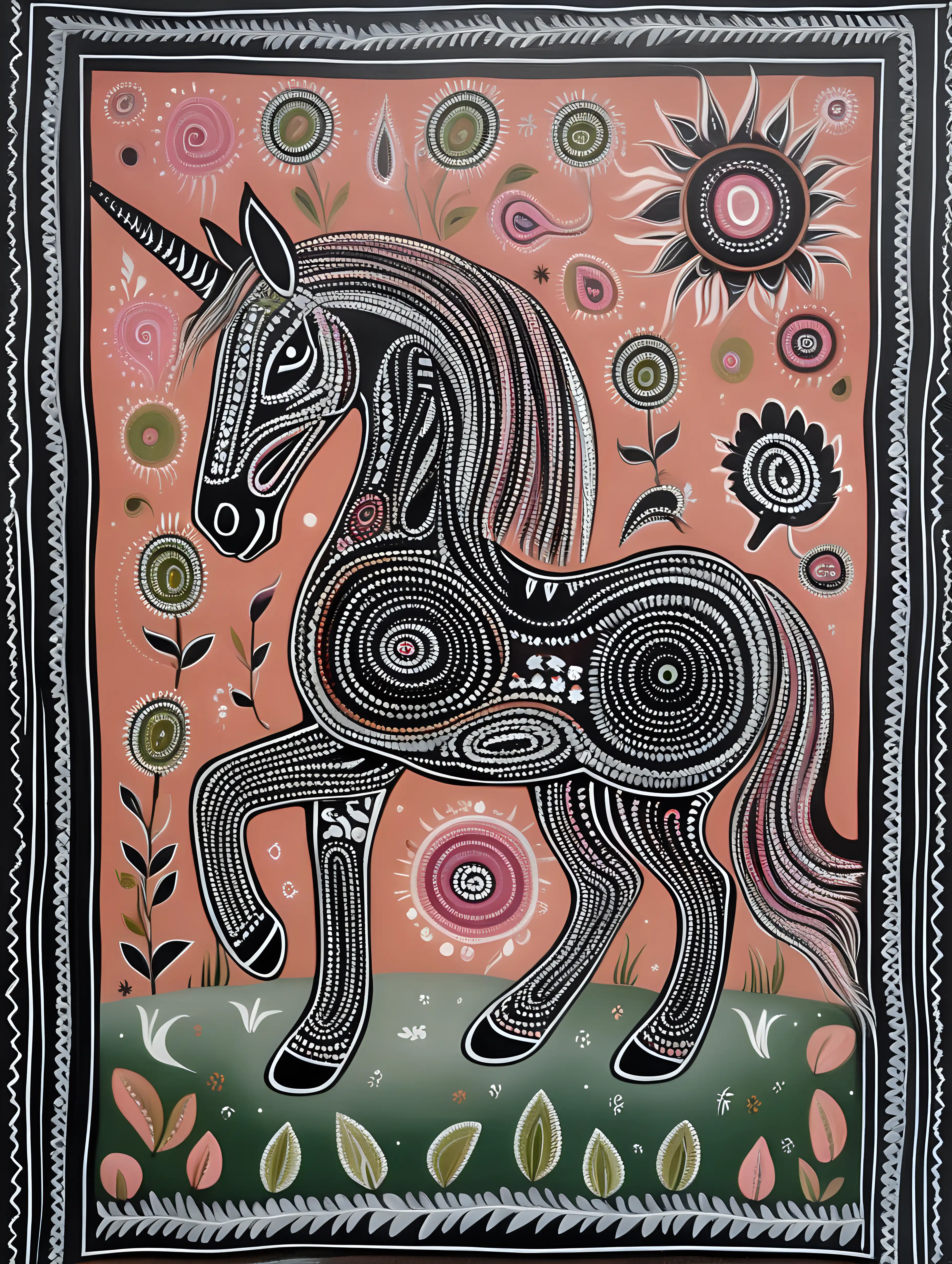 australian traditional aboriginal art with a unicorn in terracotta, green, pink, black, white, light grey

